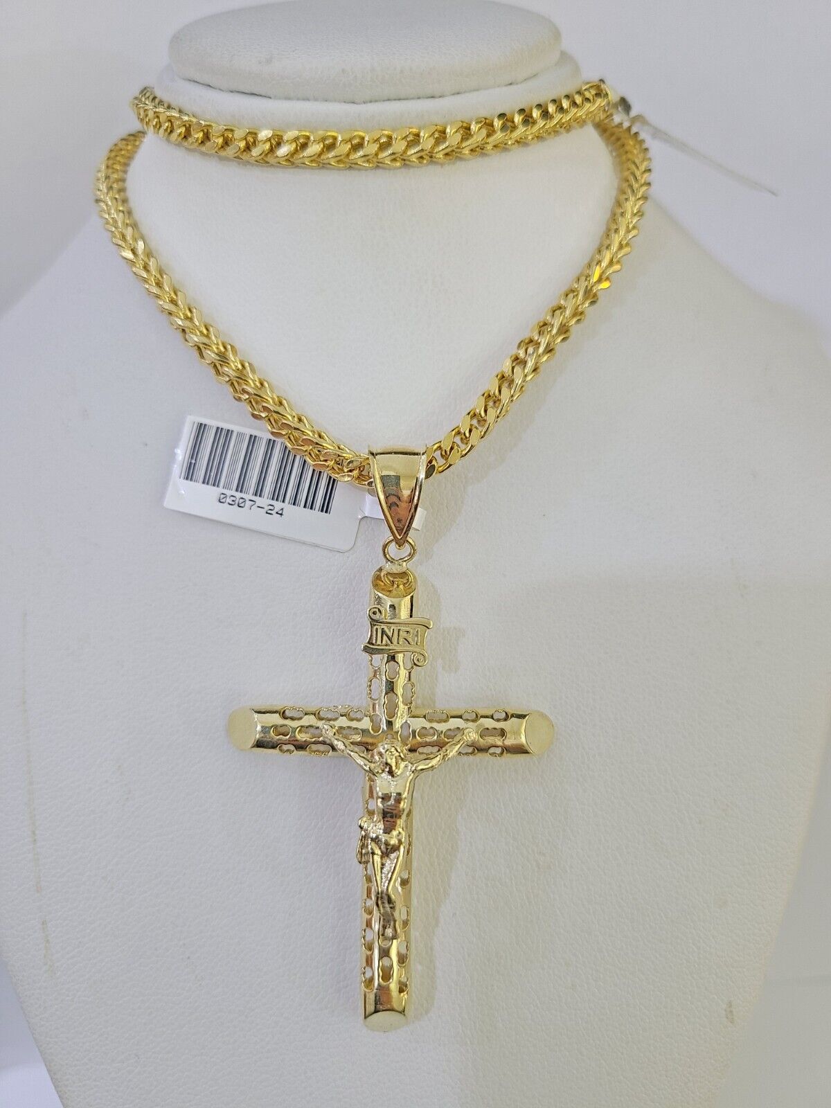 10K Gold Franco Chain INRI Cross Charm Length 18 - 26 inches 3mm REAL Yellow - GoldenlinQ