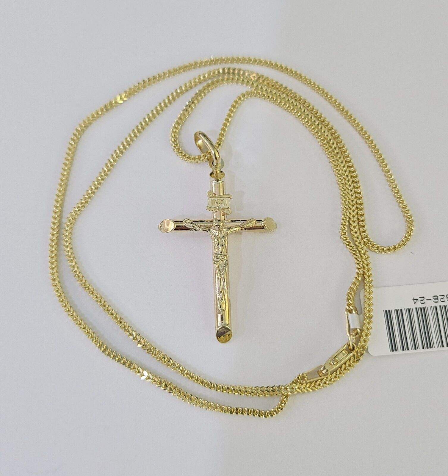 10K Gold Franco Chain INRI Cross Charm SET Length 16 - 20 inches 1mm Ladies Women - GoldenlinQ
