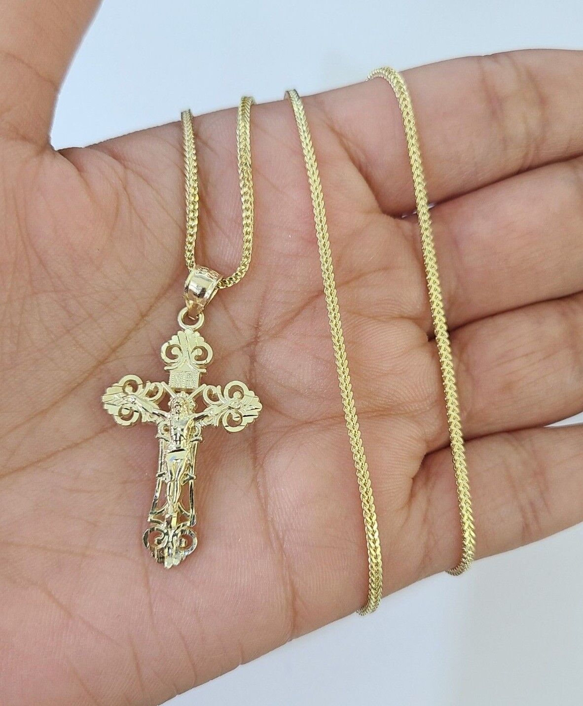 10K Gold Franco Chain INRI Cross Charm SET Length 16 - 20 inches 1mm Ladies Women - GoldenlinQ