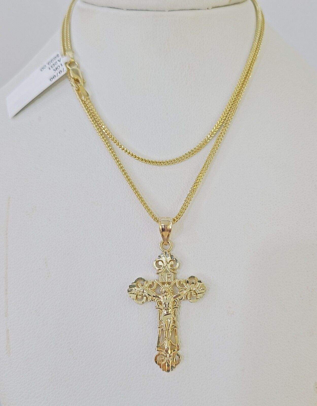 10K Gold Franco Chain INRI Cross Charm SET Length 16 - 20 inches 1mm Ladies Women - GoldenlinQ