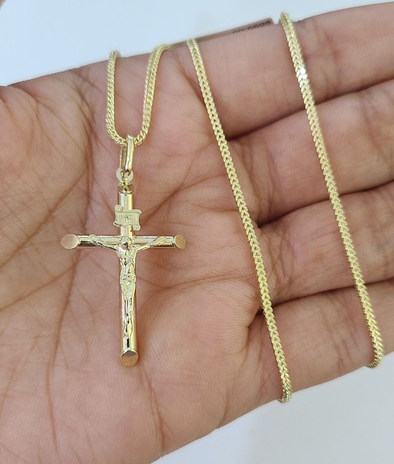 10K Gold Franco Chain INRI Cross Charm SET Length 16 - 20 inches 1mm Ladies Women - GoldenlinQ