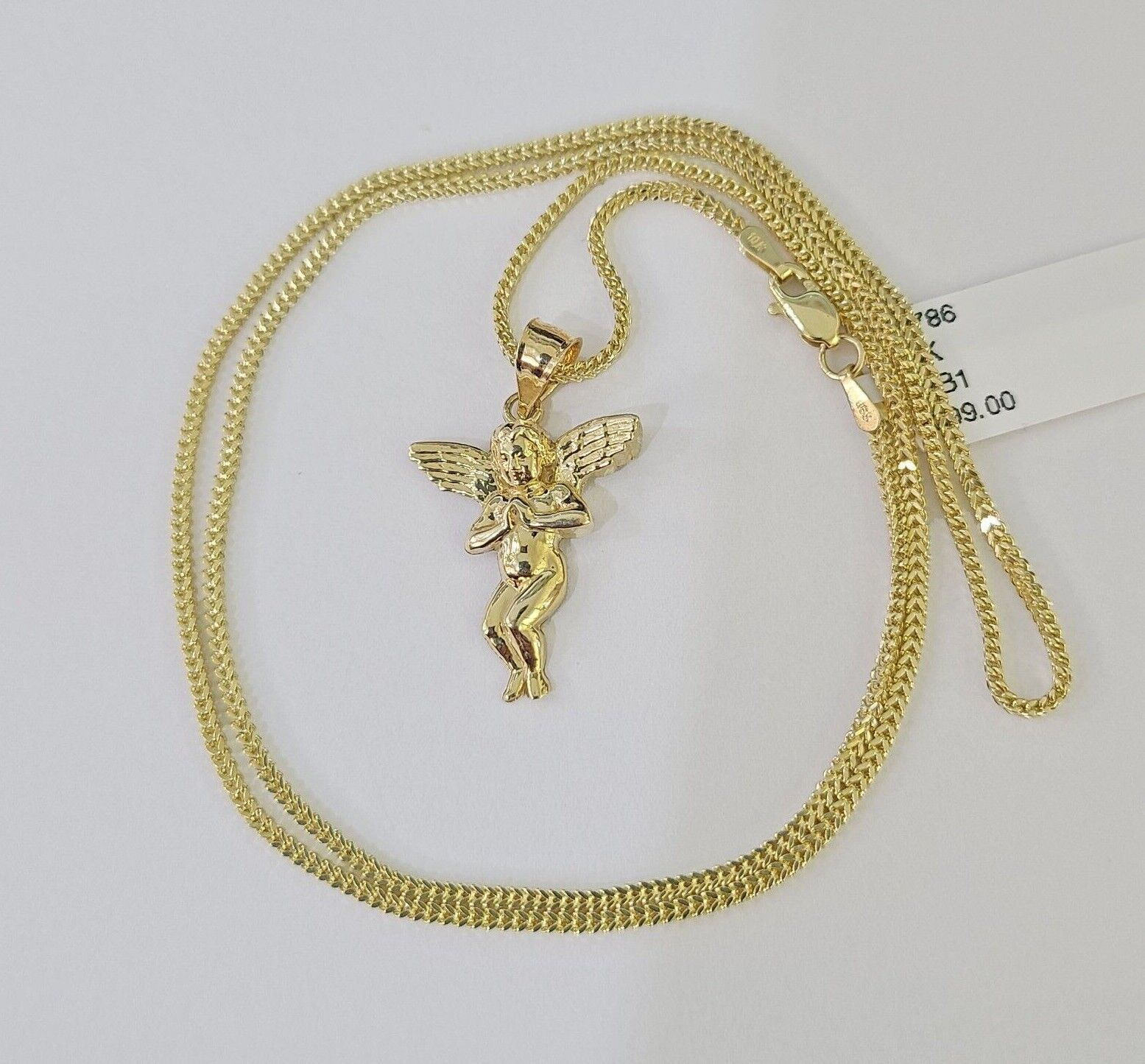 10K Gold Franco Chain Praying Angel Charm SET 16 - 20 inches 1mm Ladies Women - GoldenlinQ