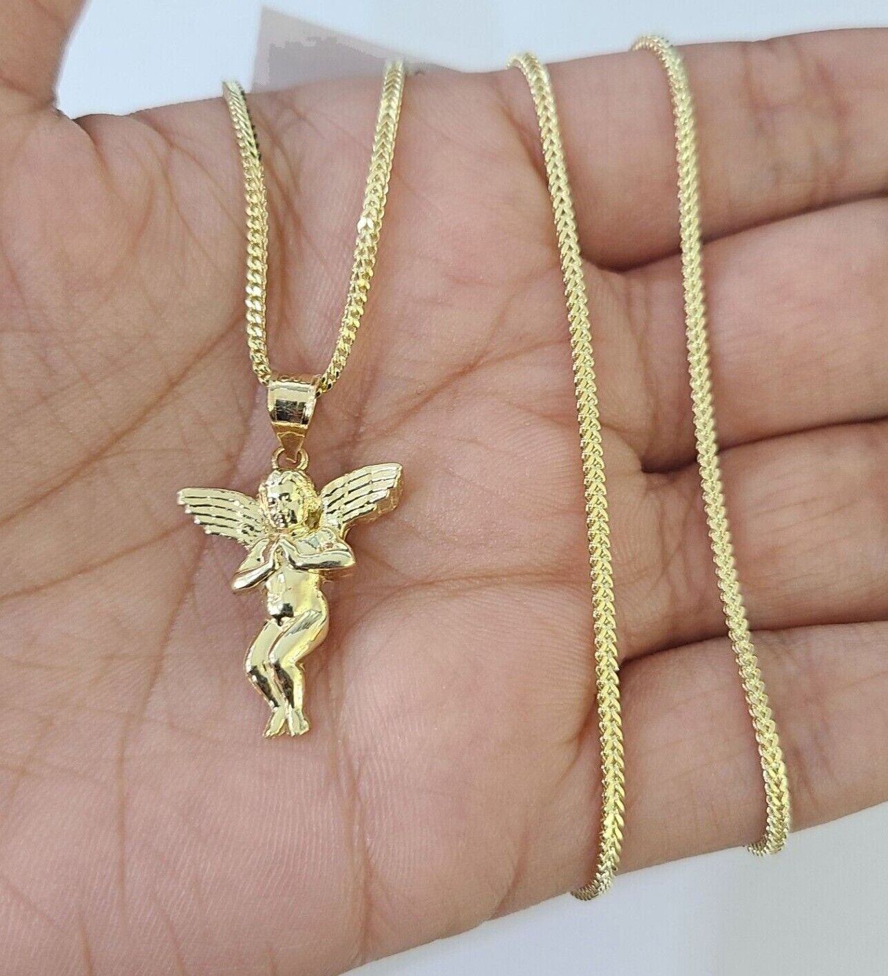 10K Gold Franco Chain Praying Angel Charm SET 16 - 20 inches 1mm Ladies Women - GoldenlinQ