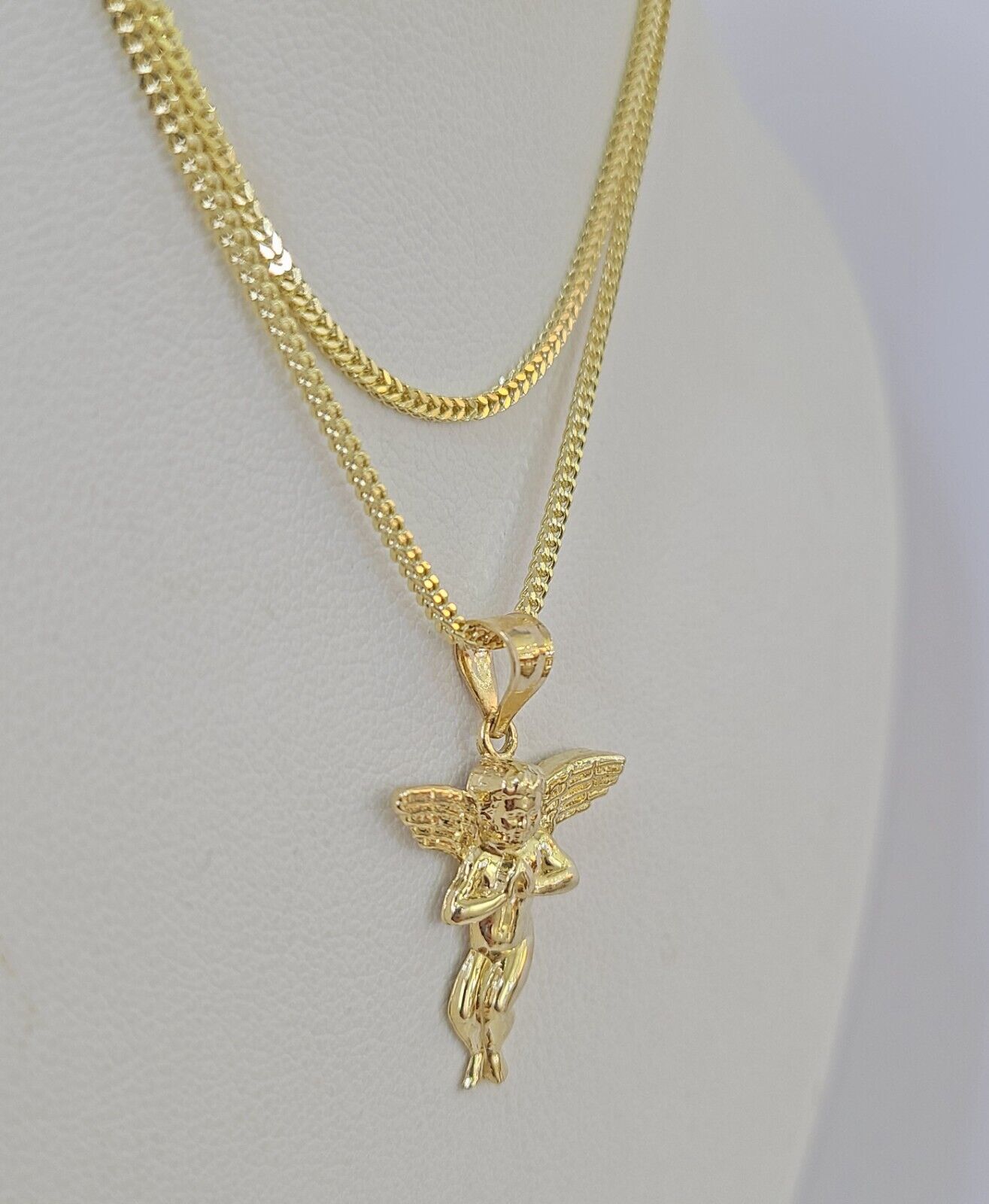 10K Gold Franco Chain Praying Angel Charm SET 16 - 20 inches 1mm Ladies Women - GoldenlinQ