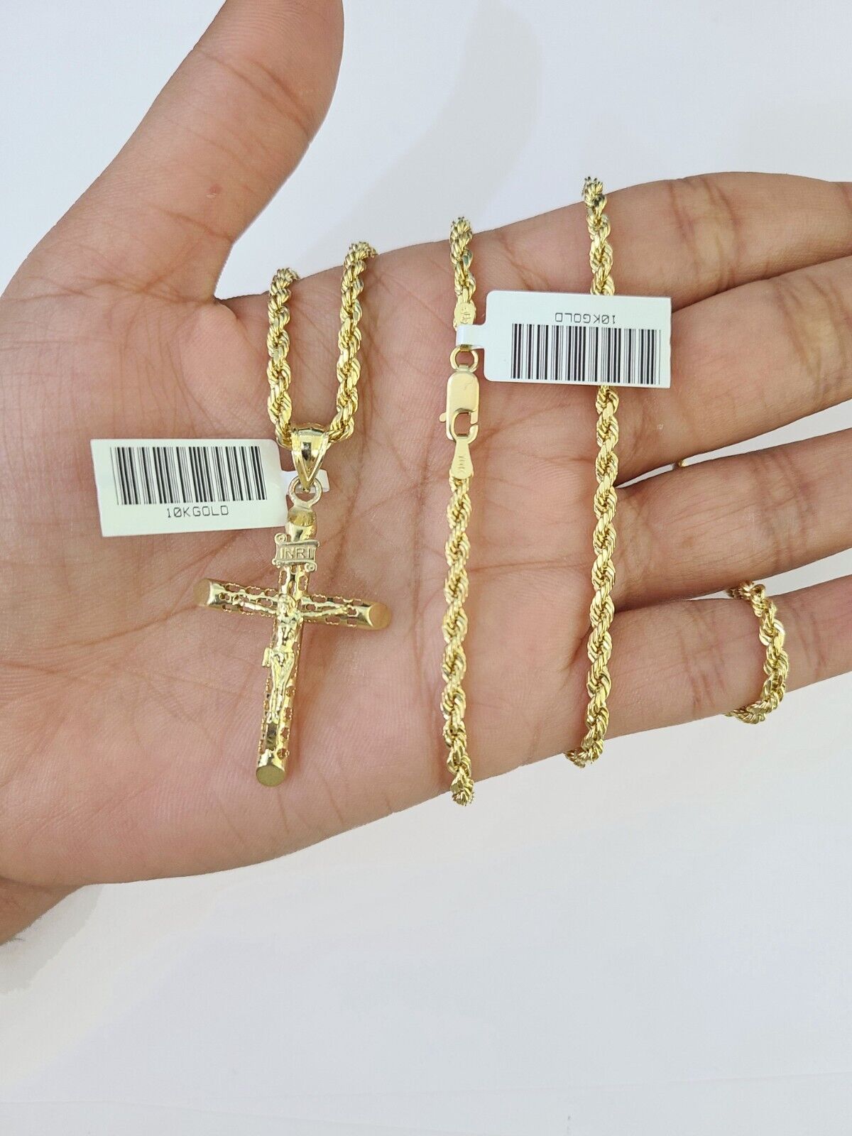 10k Gold INRI Jesus Pendant Rope Chain 3mm 20'' Necklace Set Real Genuine - GoldenlinQ
