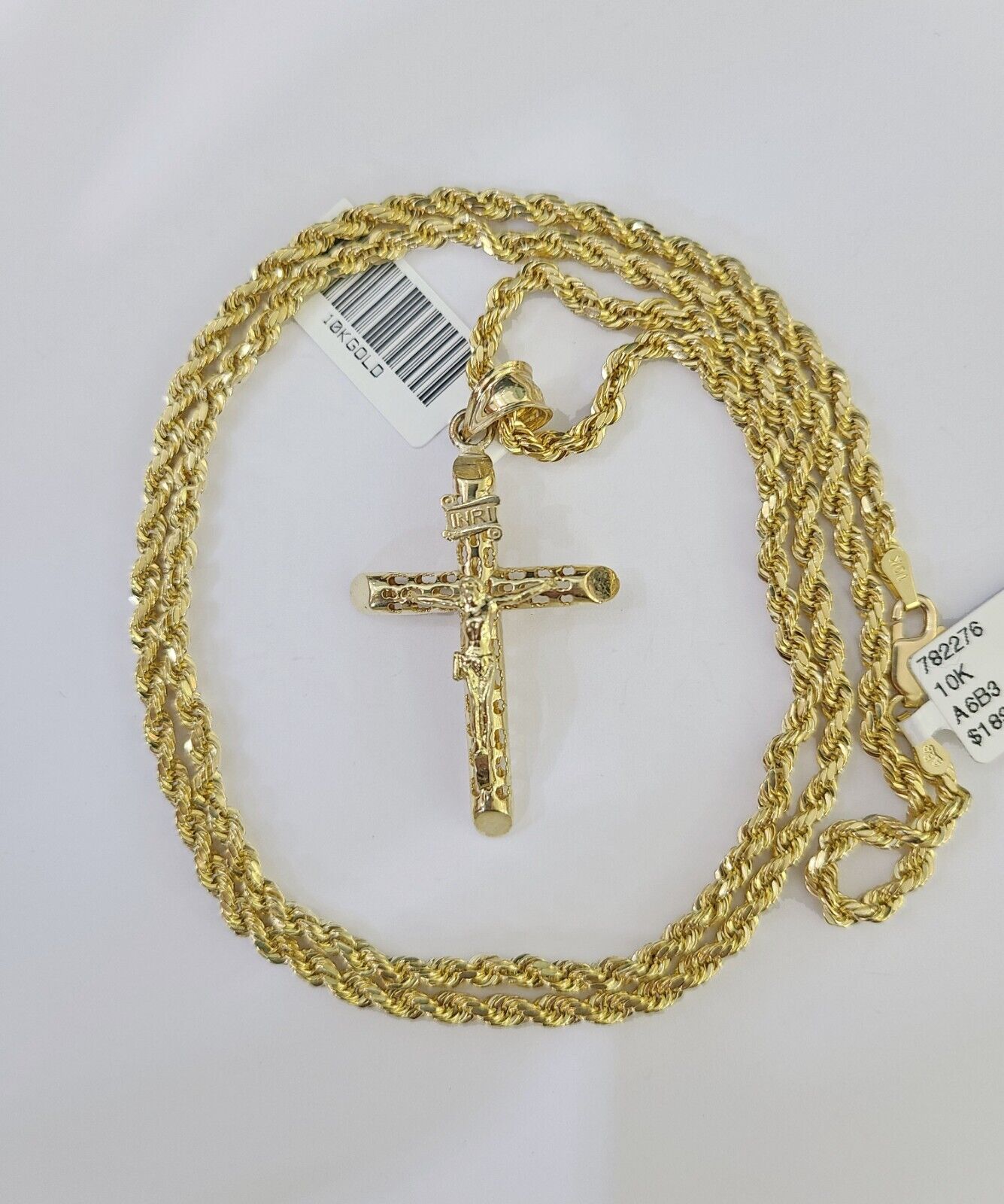 10k Gold INRI Jesus Pendant Rope Chain 3mm 20'' Necklace Set Real Genuine - GoldenlinQ