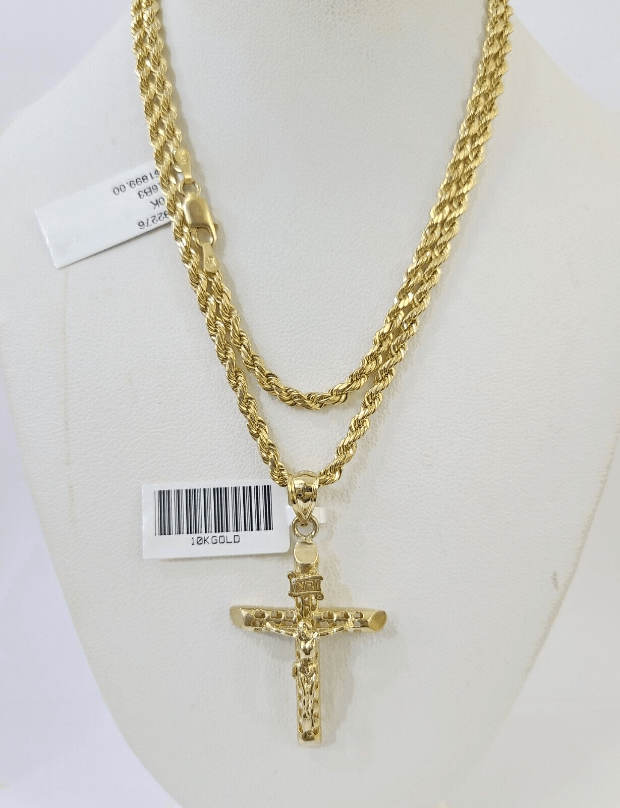 10k Gold INRI Jesus Pendant Rope Chain 3mm 22'' Necklace Set Real Genuine - GoldenlinQ