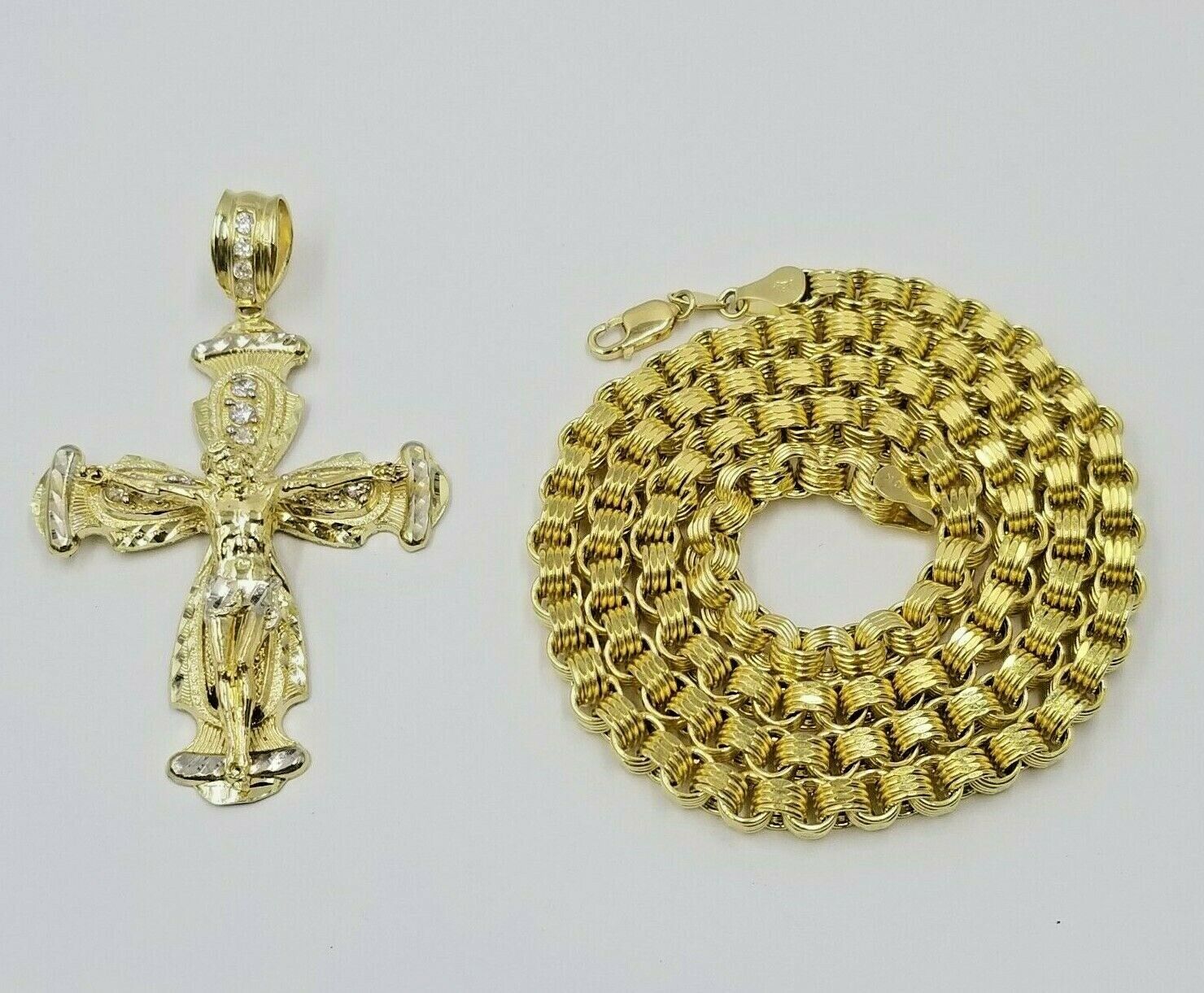 10k Gold Jesus Cross Charm Byzantine Chain 24" Necklace Real 10k Yellow Gold SET - GoldenlinQ