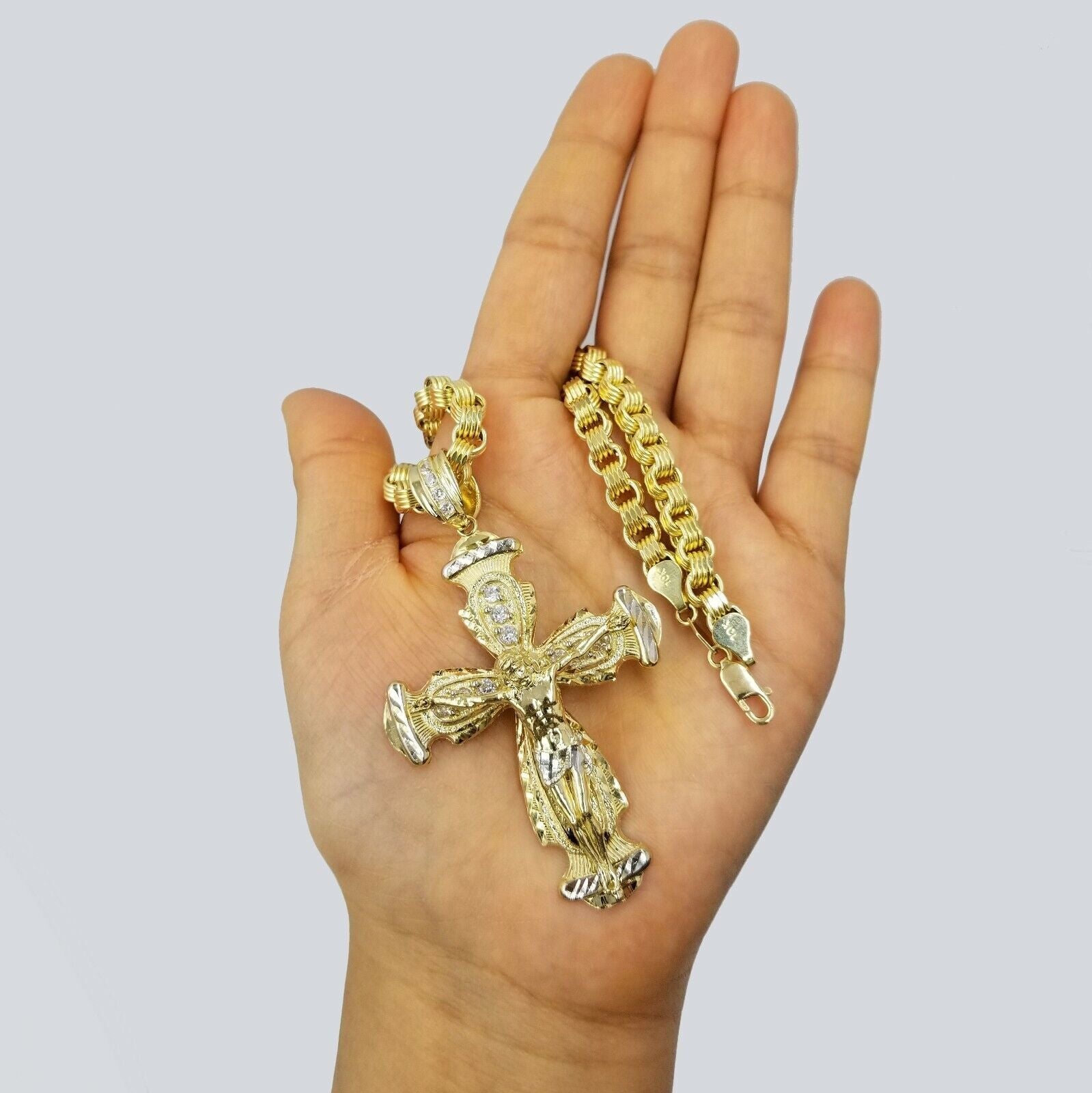 10k Gold Jesus Cross Charm Byzantine Chain 24" Necklace Real 10k Yellow Gold SET - GoldenlinQ