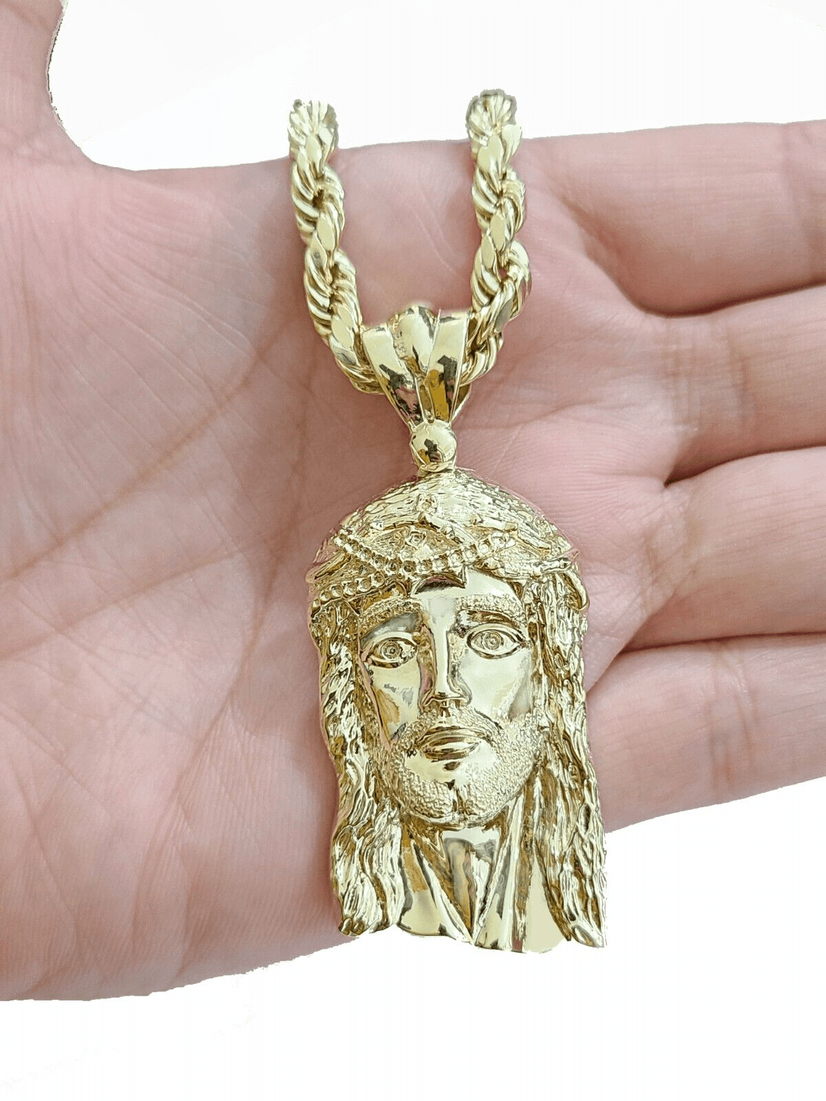 10k Gold Jesus Head Charm Rope Chain Necklace 6mm 20'' Set & Pendant 10kt REAL - GoldenlinQ