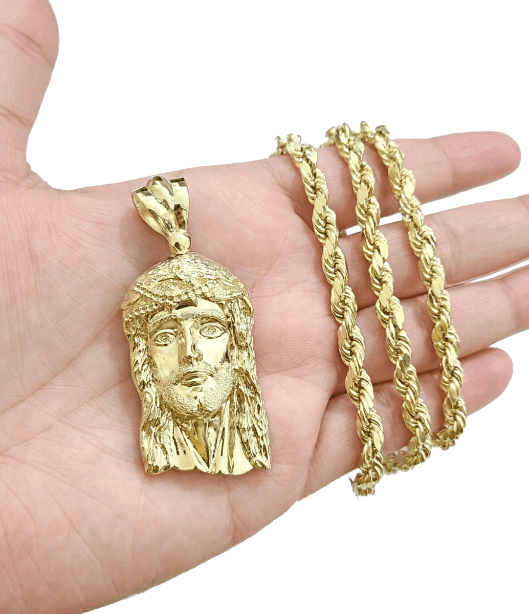 Real 10k Gold Jesus Head Charm & Rope Chain SET 6mm 20'' Necklace ...