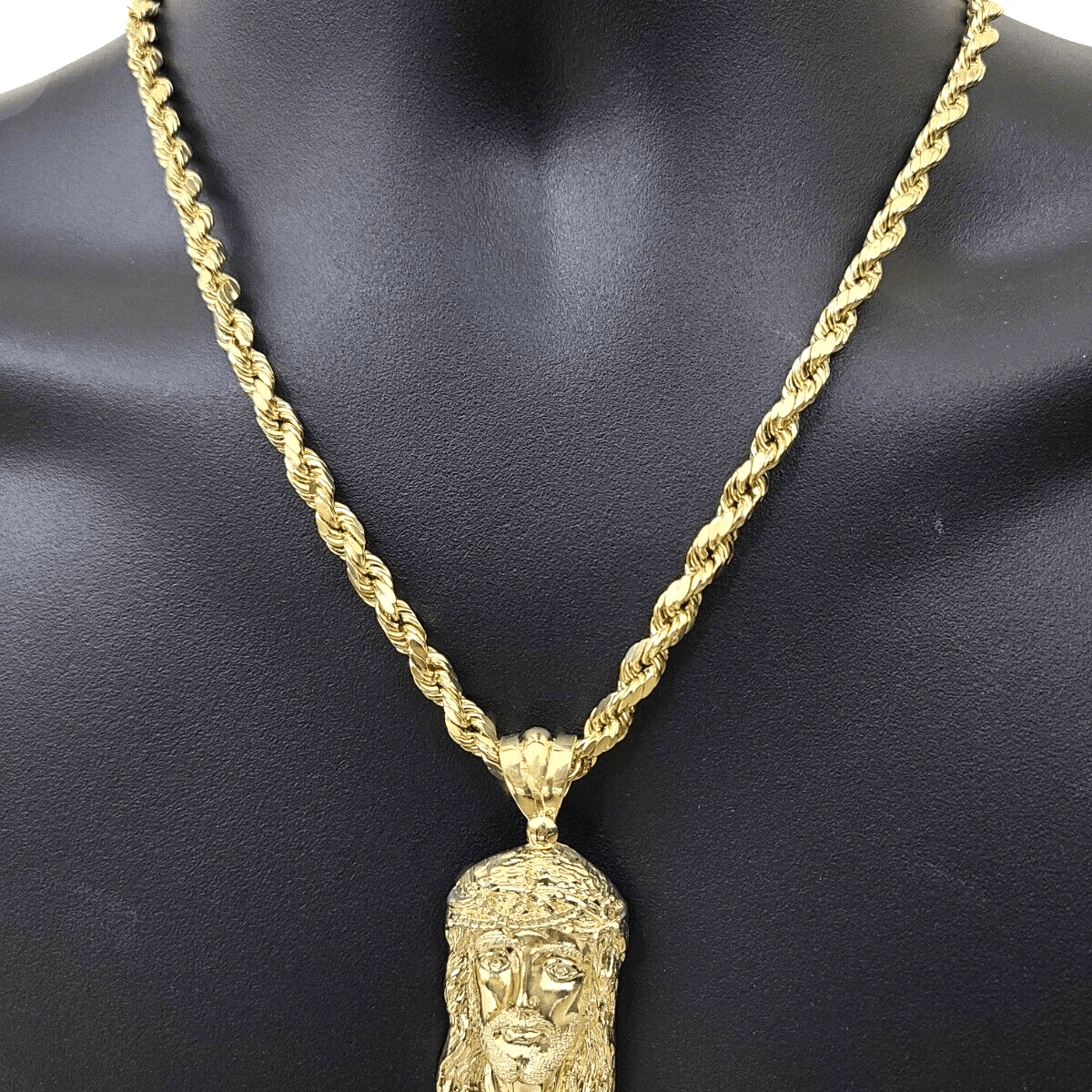 10k Gold Jesus Head Charm Rope Chain Necklace 6mm 26'' Set & Pendant 1 ...