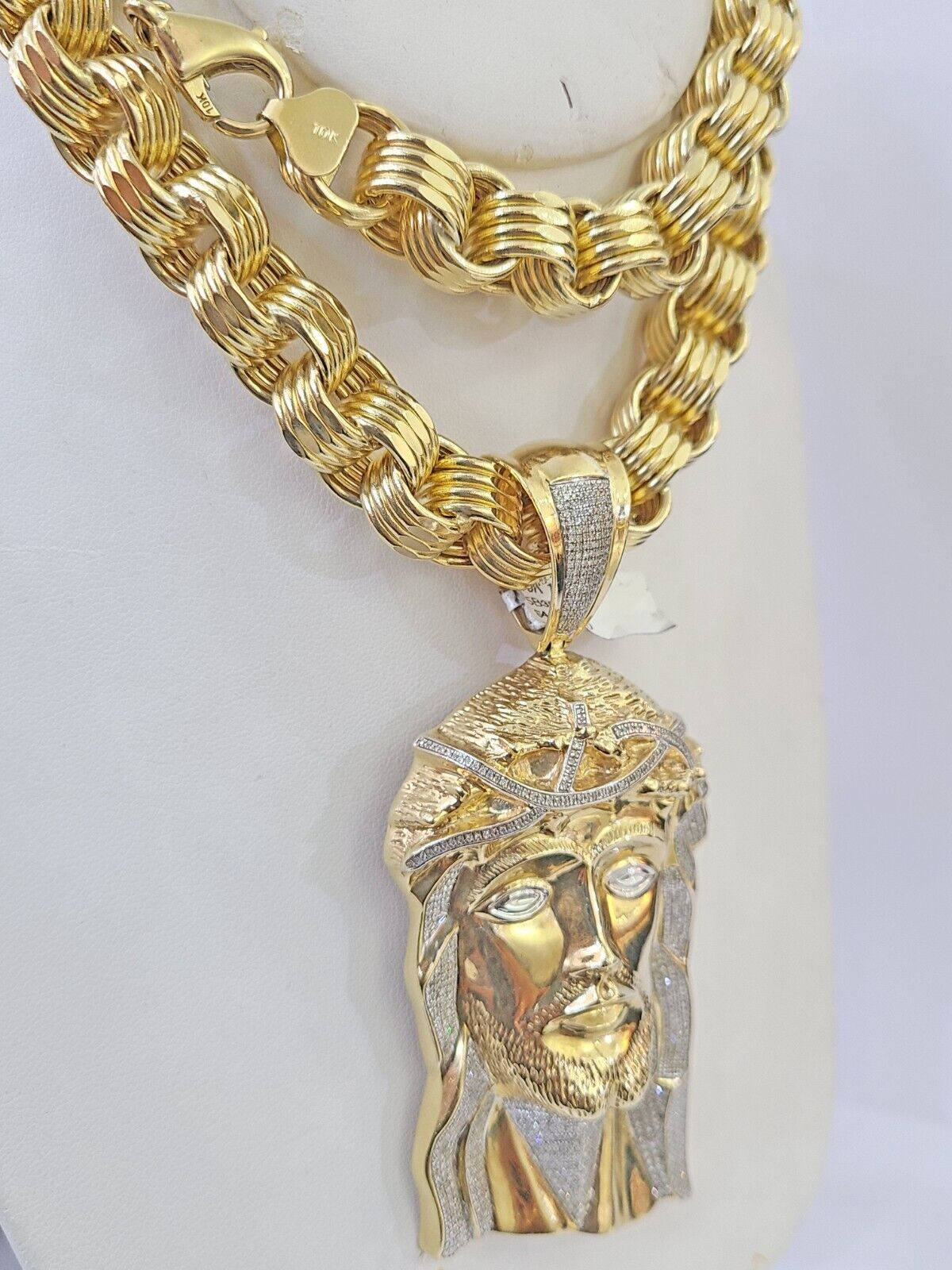 10k Gold Jesus Head Pendant Byzantine Chain 12mm 26'' Necklace Set Real Genuine - GoldenlinQ