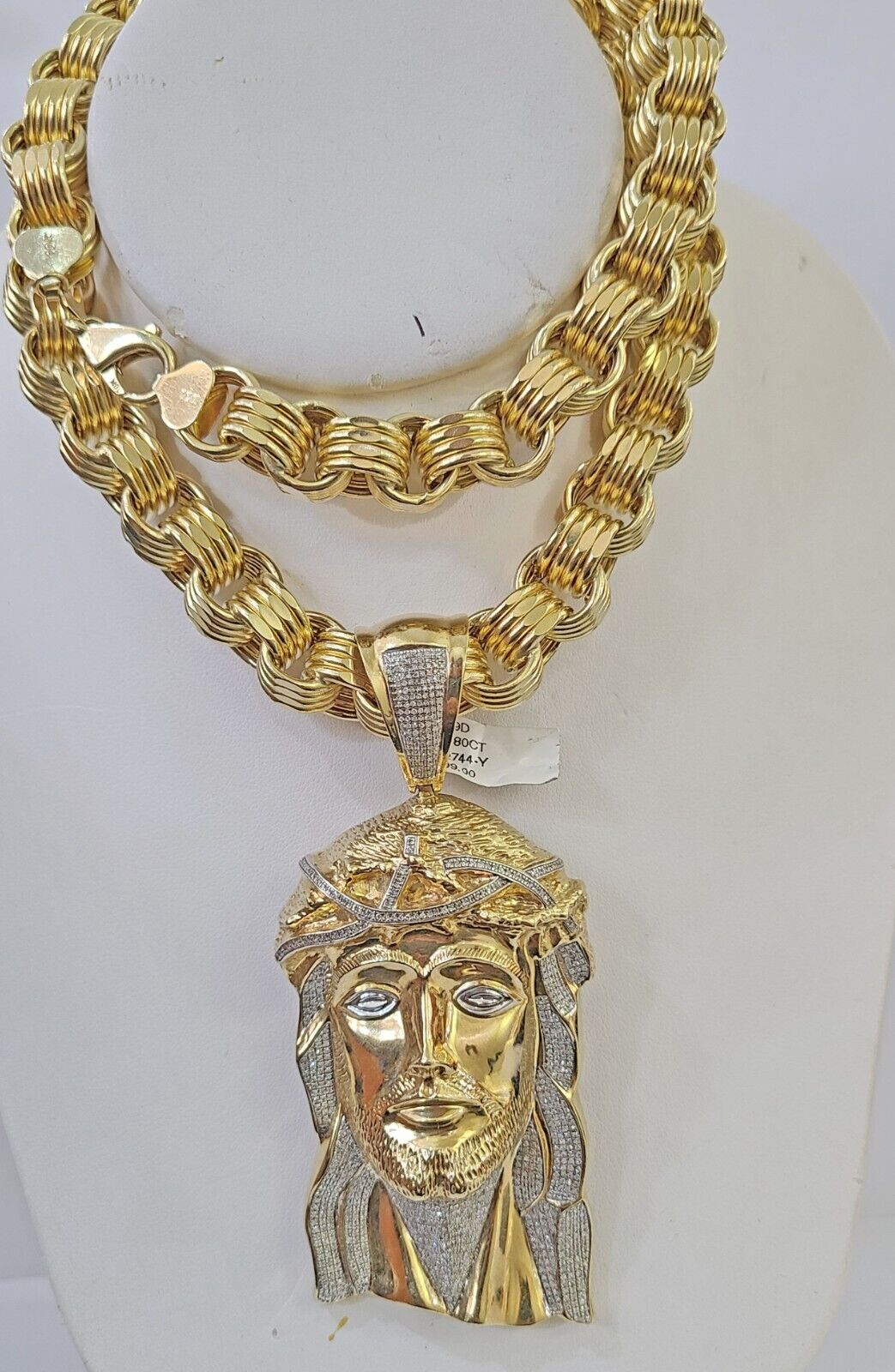 10k Gold Jesus Head Pendant Byzantine Chain 12mm 26'' Necklace Set Real Genuine - GoldenlinQ