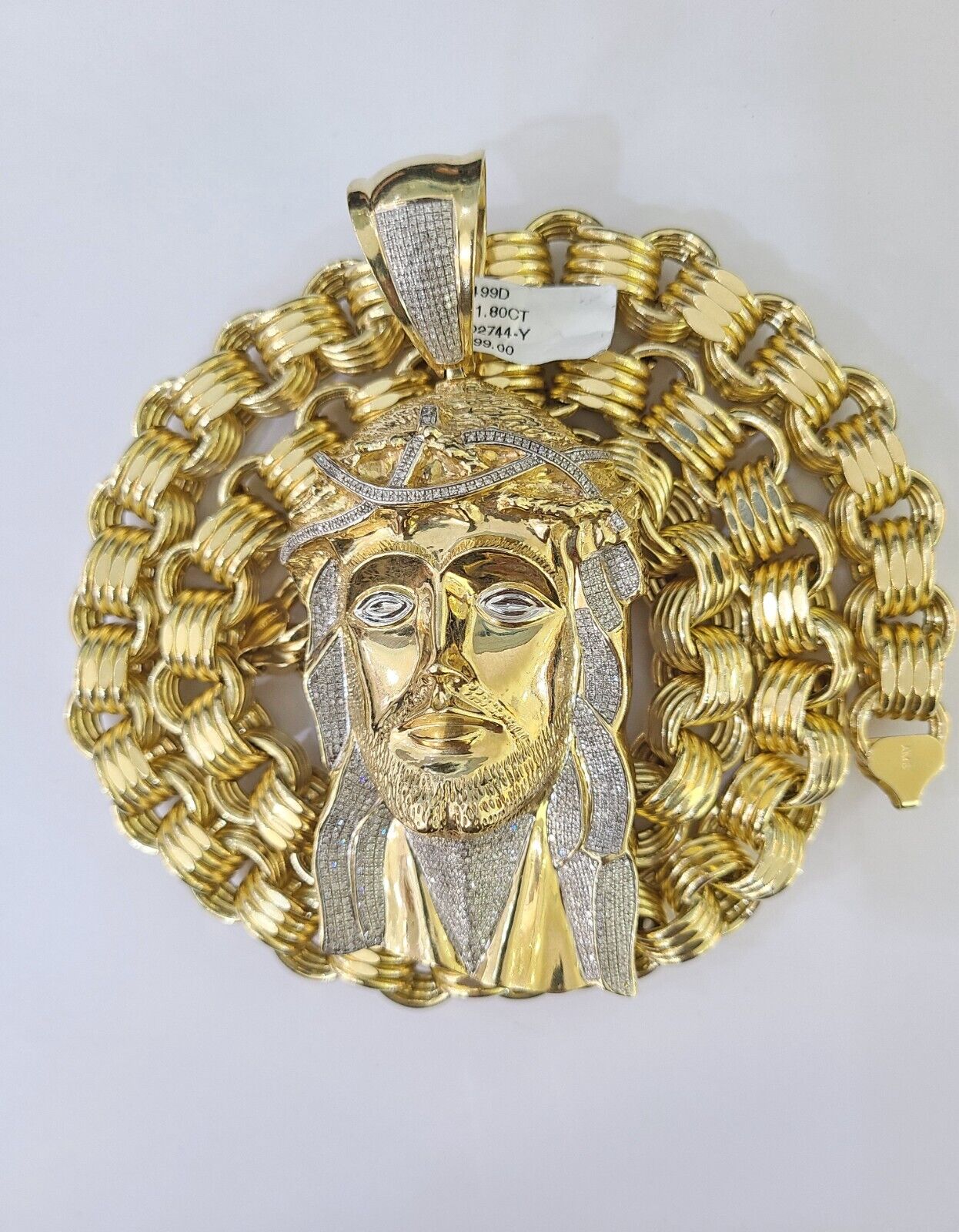10k Gold Jesus Head Pendant Byzantine Chain 12mm 26'' Necklace Set Real Genuine - GoldenlinQ