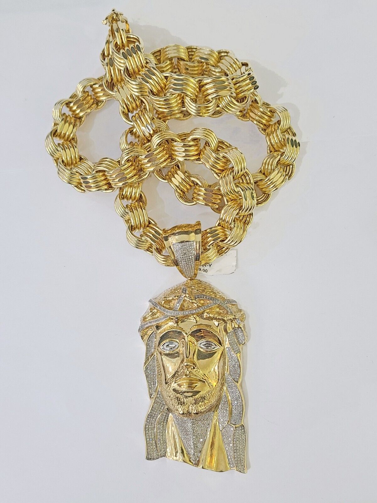 10k Gold Jesus Head Pendant Byzantine Chain 12mm 26'' Necklace Set Real Genuine - GoldenlinQ