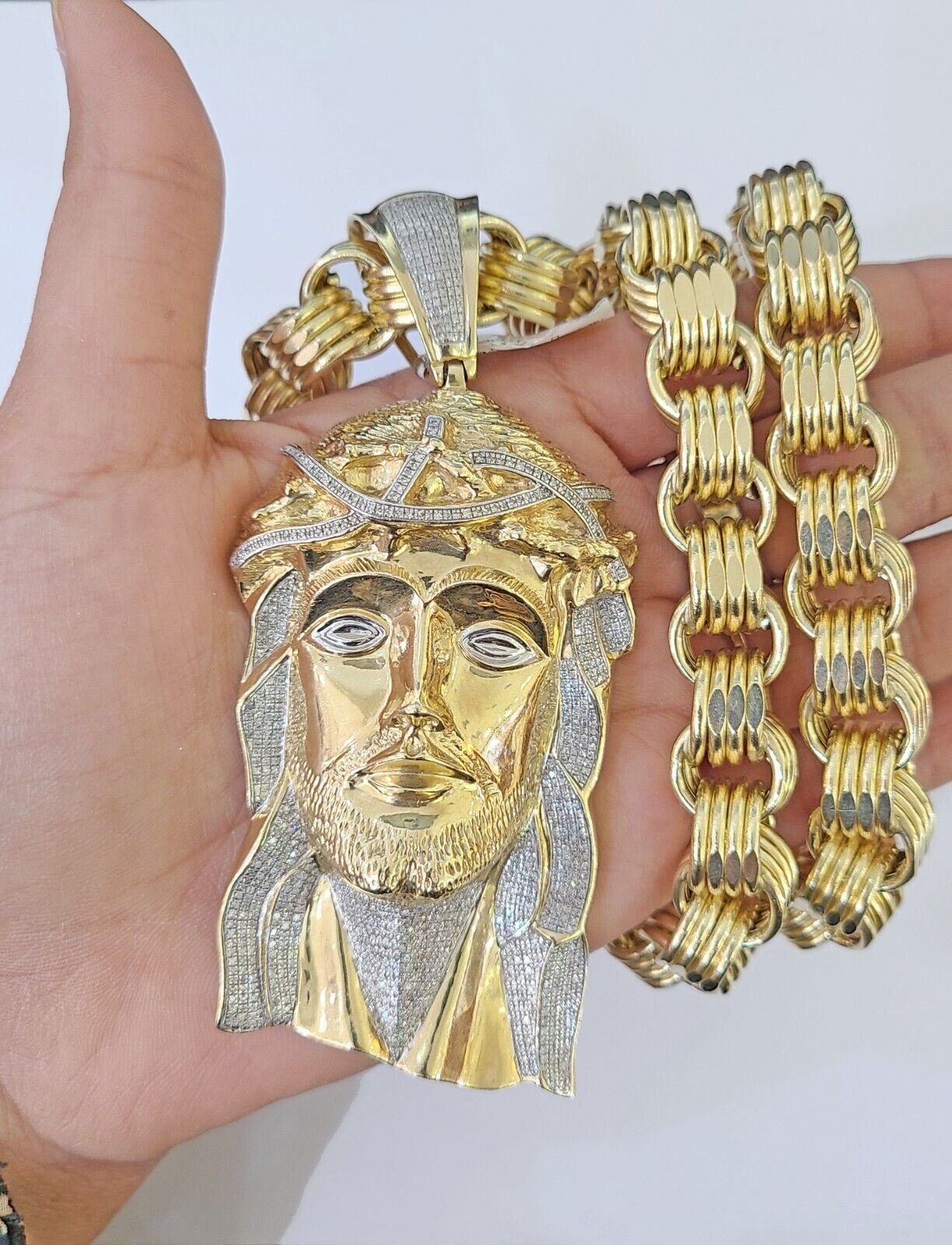 10k Gold Jesus Head Pendant Byzantine Chain 12mm 26'' Necklace Set Real Genuine - GoldenlinQ