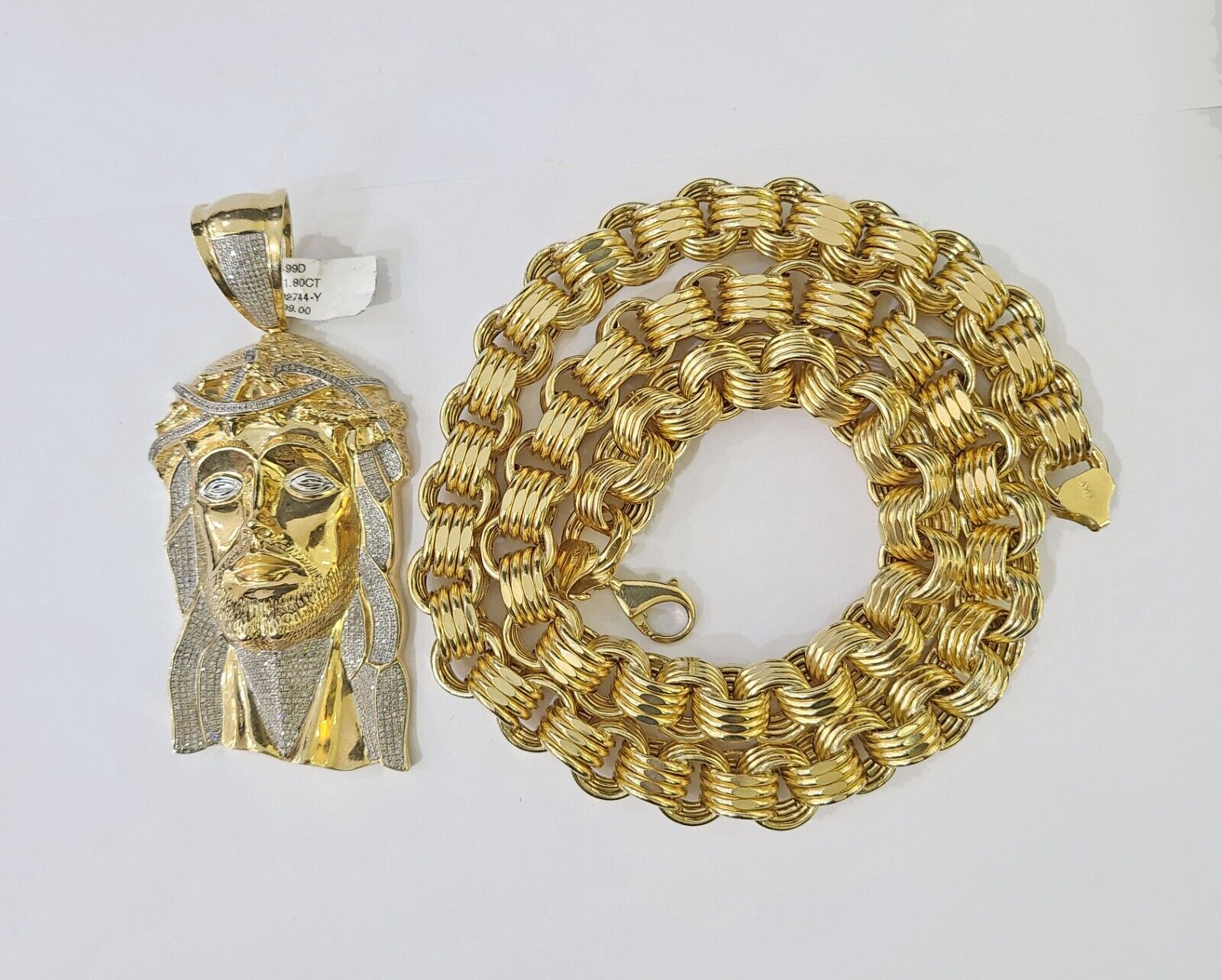 10k Gold Jesus Head Pendant Byzantine Chain 12mm 26'' Necklace Set Real Genuine - GoldenlinQ