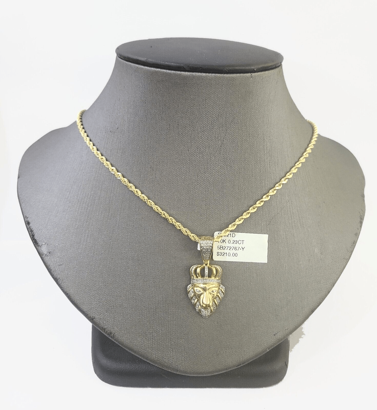 10k Gold Lion Head Diamond Charm and 2.5mm Rope Chain 24" - GoldenlinQ