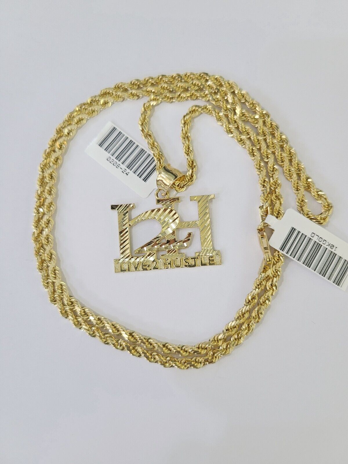 10k Gold Live 2 Hustle Pendant Rope Chain 3mm 22'' Necklace Set L2H Real Yellow - GoldenlinQ