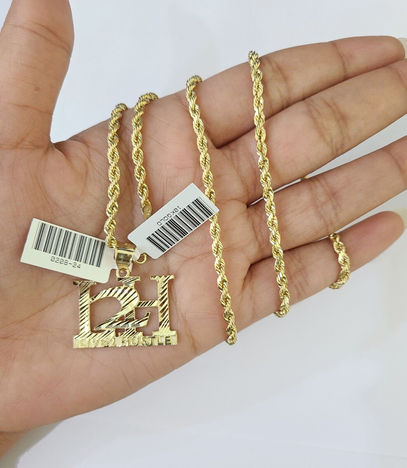 10k Gold Live 2 Hustle Pendant Rope Chain 3mm 24'' Necklace Set L2H Real Yellow - GoldenlinQ