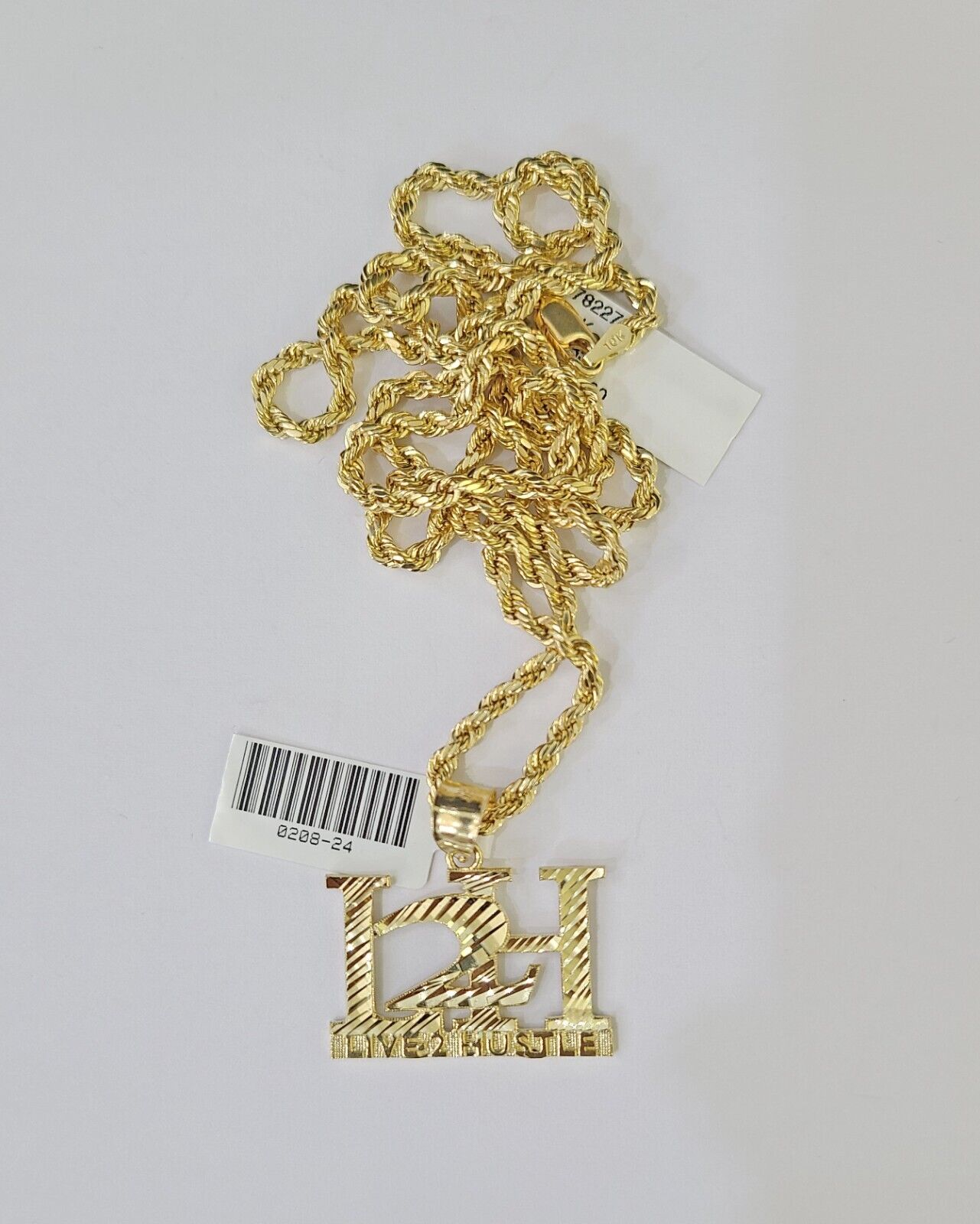 10k Gold Live 2 Hustle Pendant Rope Chain 3mm 24'' Necklace Set L2H Real Yellow - GoldenlinQ