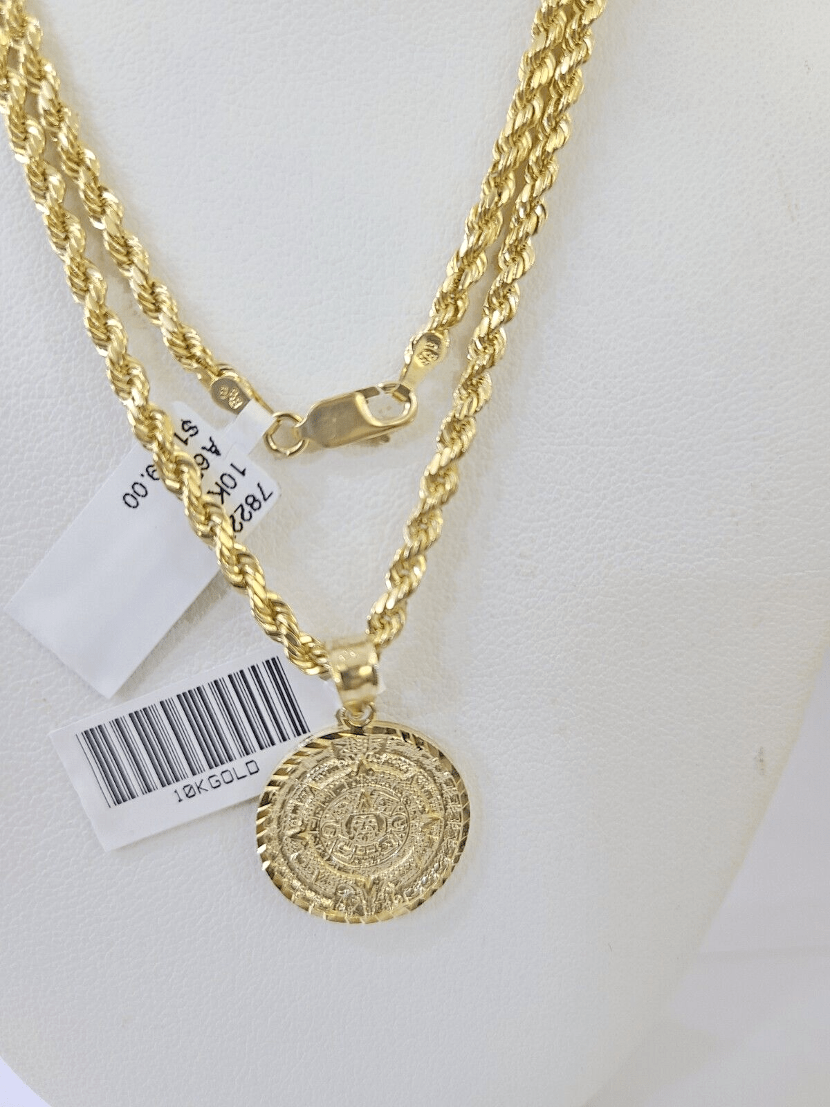 10k Gold Mayan Calendar Pendant Rope Chain 3mm 22'' Necklace Set Real Yellow - GoldenlinQ