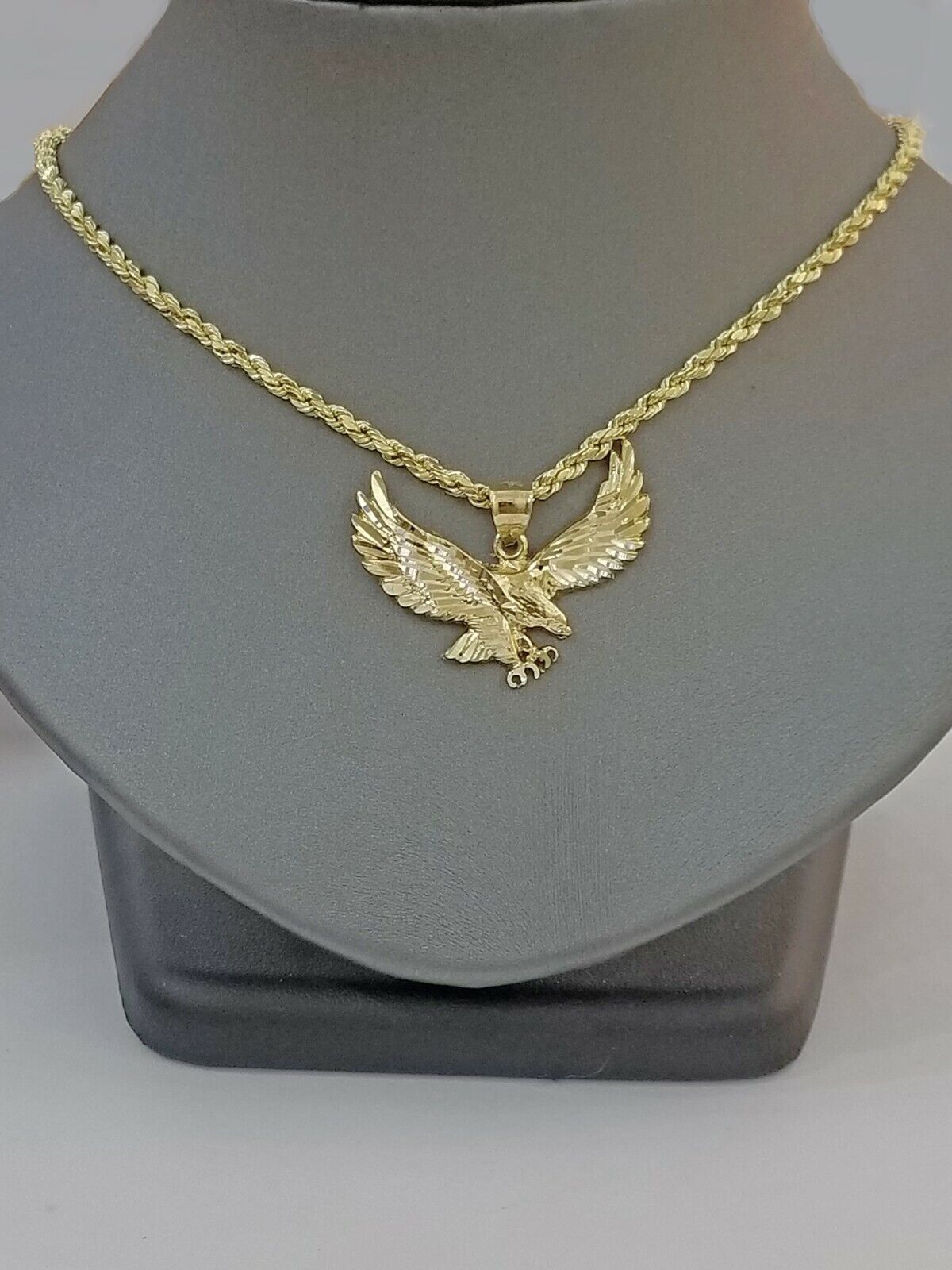 10k Gold Men Eagle Charm Pendant 2.5mm Rope Chain 18" 20" 22" 24" 26" 28" - GoldenlinQ