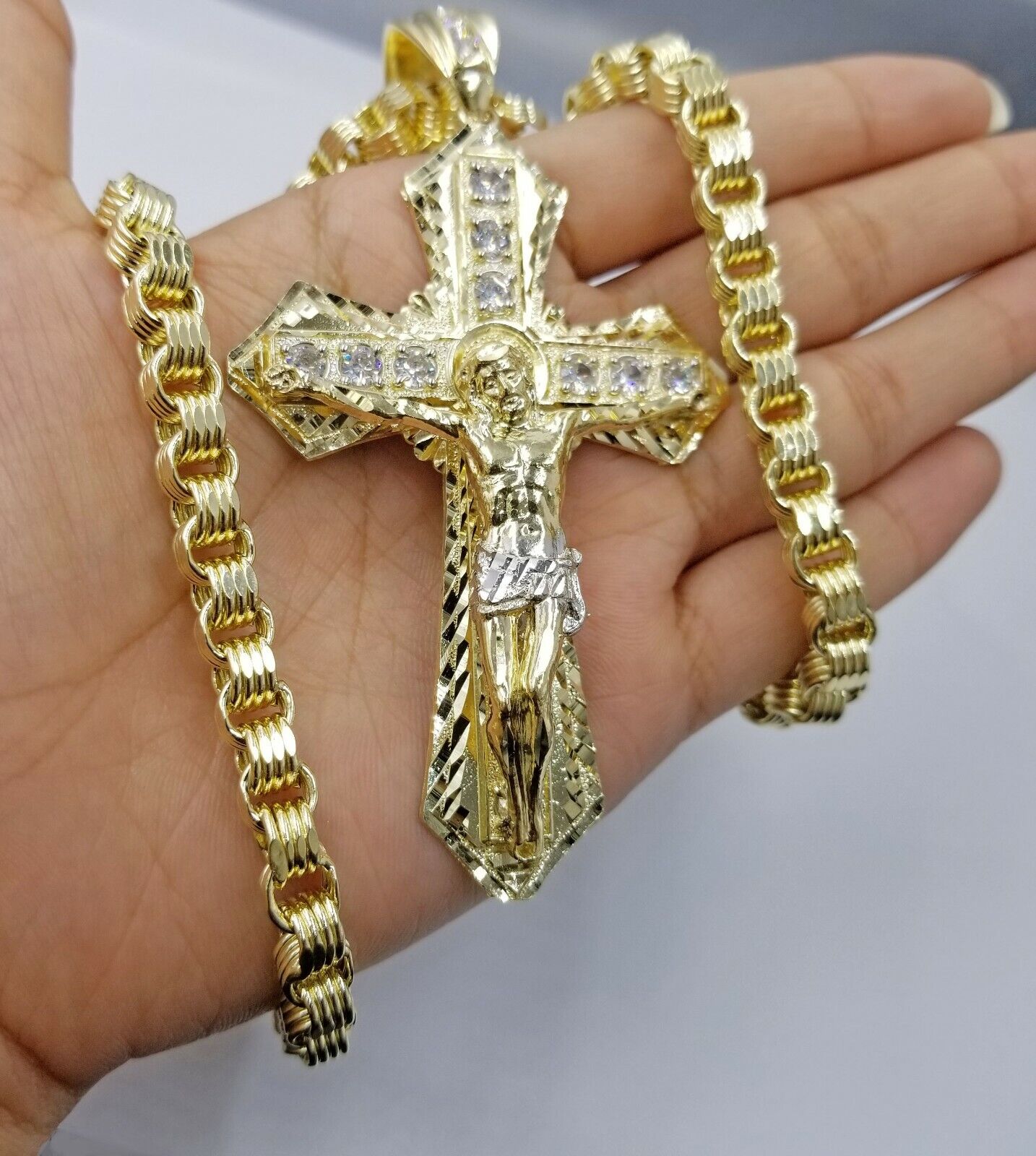 10k Gold Mens Byzantine Box Necklace 26" Cross Charm Pendant Jesus - GoldenlinQ