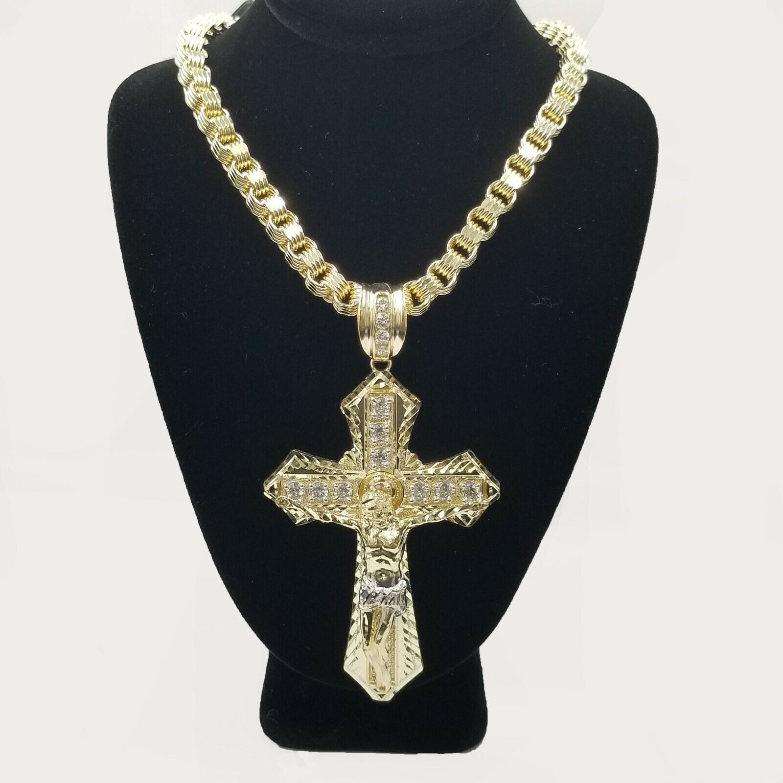 10k Gold Mens Byzantine Box Necklace 8mm 26" AND Cross - GoldenlinQ