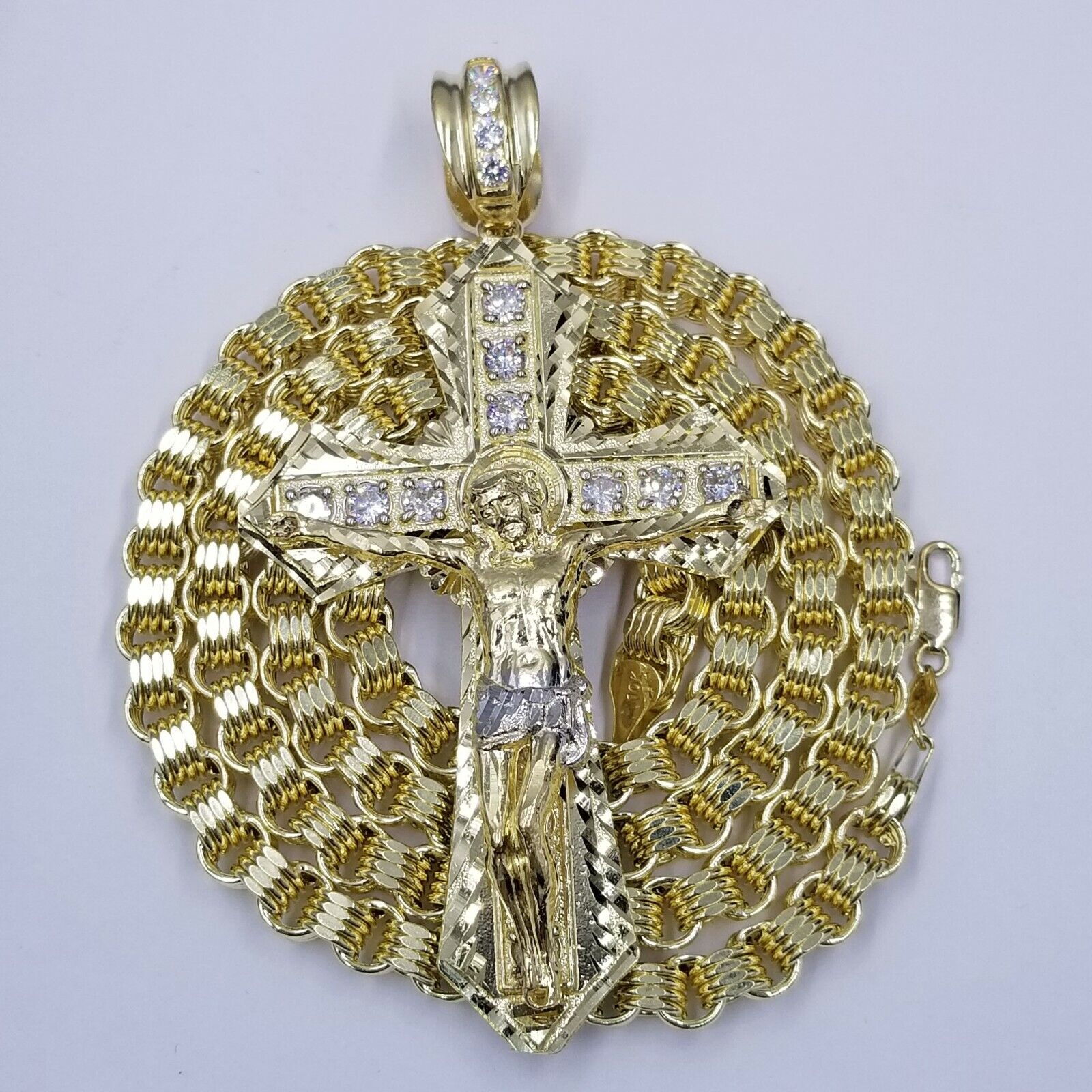 10k Gold Mens Byzantine Box Necklace 8mm 26" AND Cross - GoldenlinQ