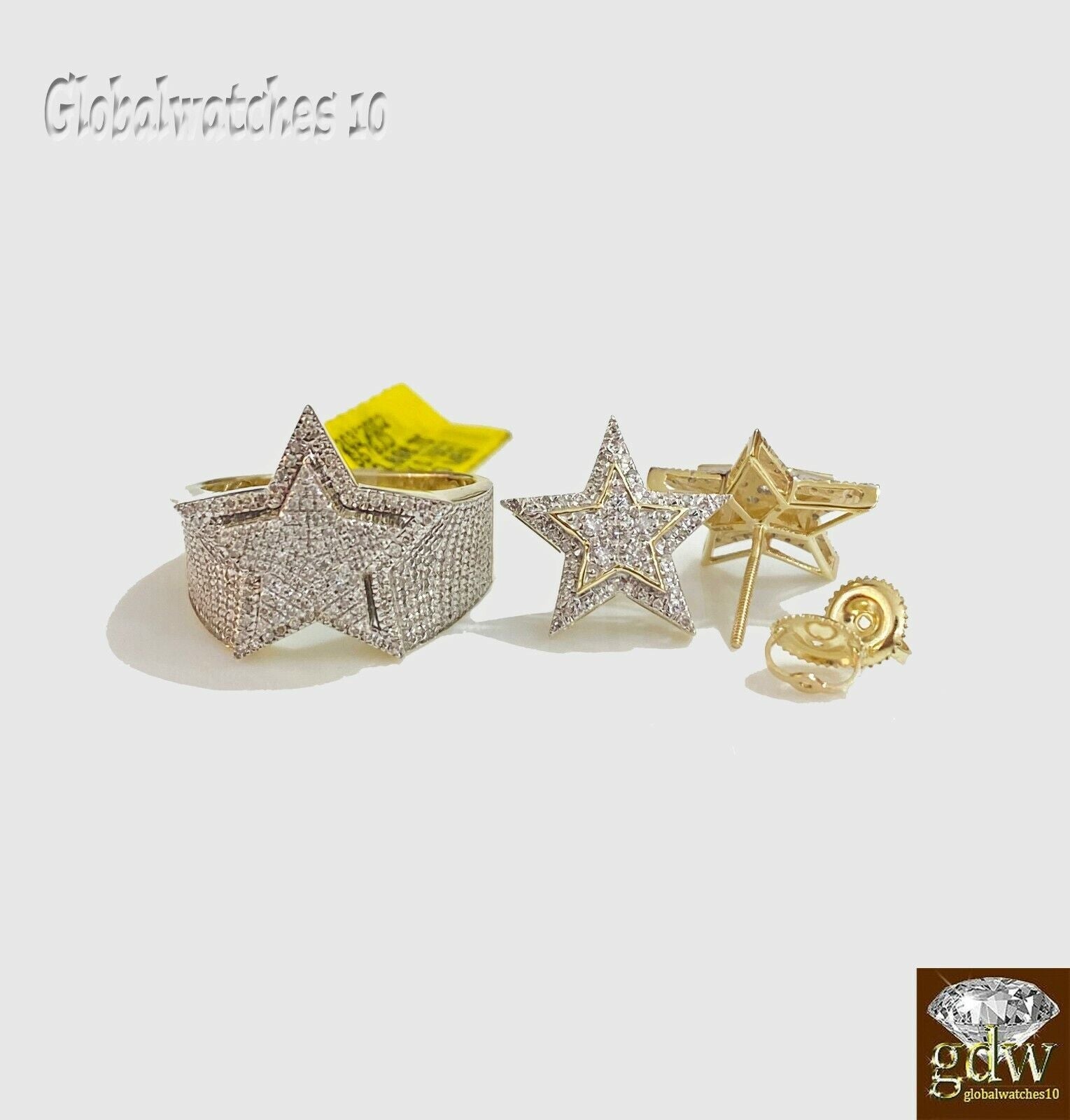 10k Gold Mens Diamond Ring and Earring Set Star Shaped Ring and Earring Real - GoldenlinQ