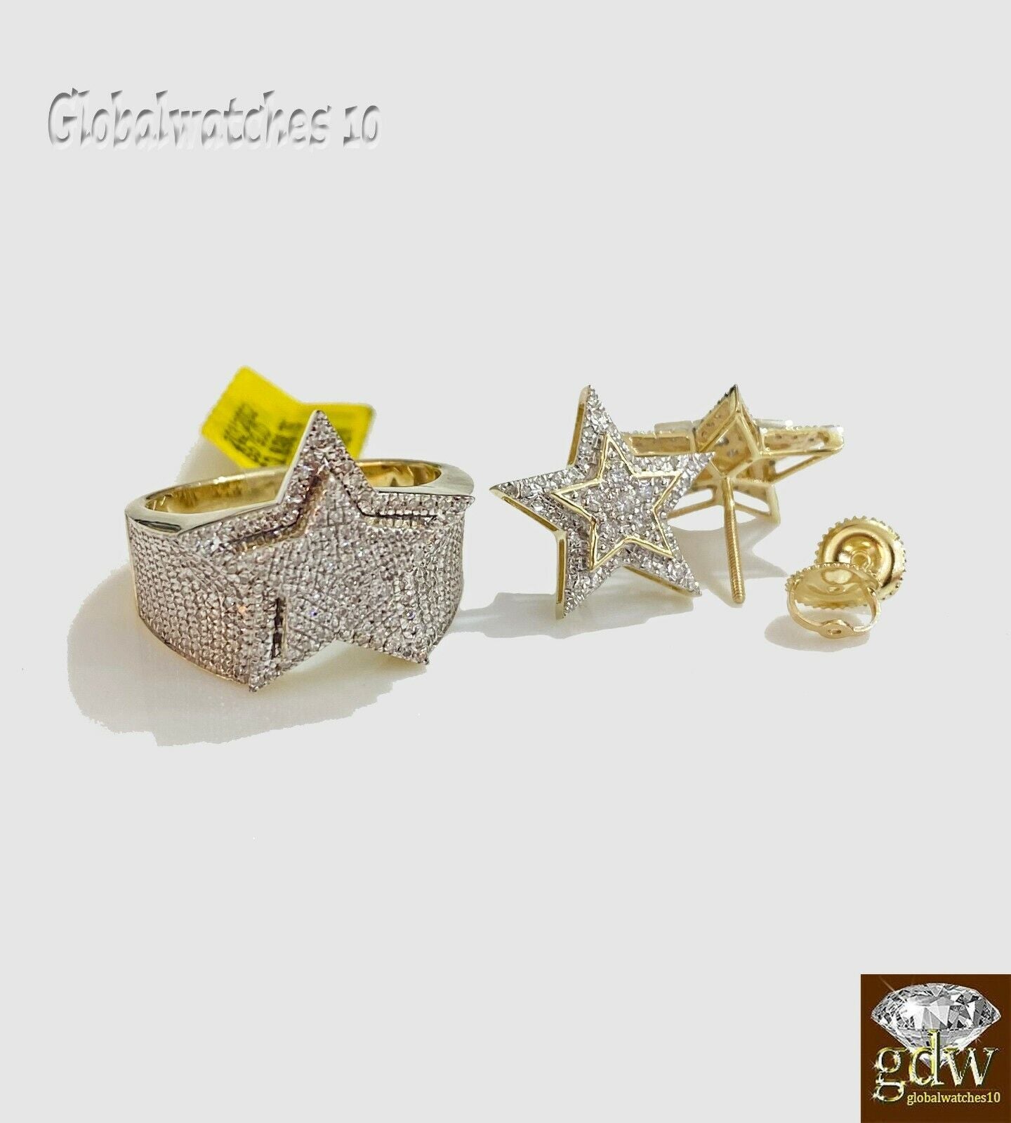 10k Gold Mens Diamond Ring and Earring Set Star Shaped Ring and Earring Real - GoldenlinQ