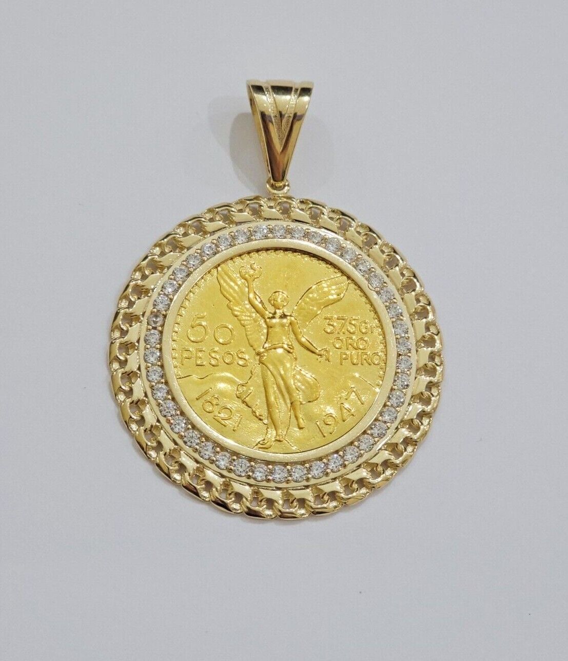 10k Gold Mexican Centenario Copy Coin Charm 50 Pesos Bezel 10kt Pendant Replica - GoldenlinQ