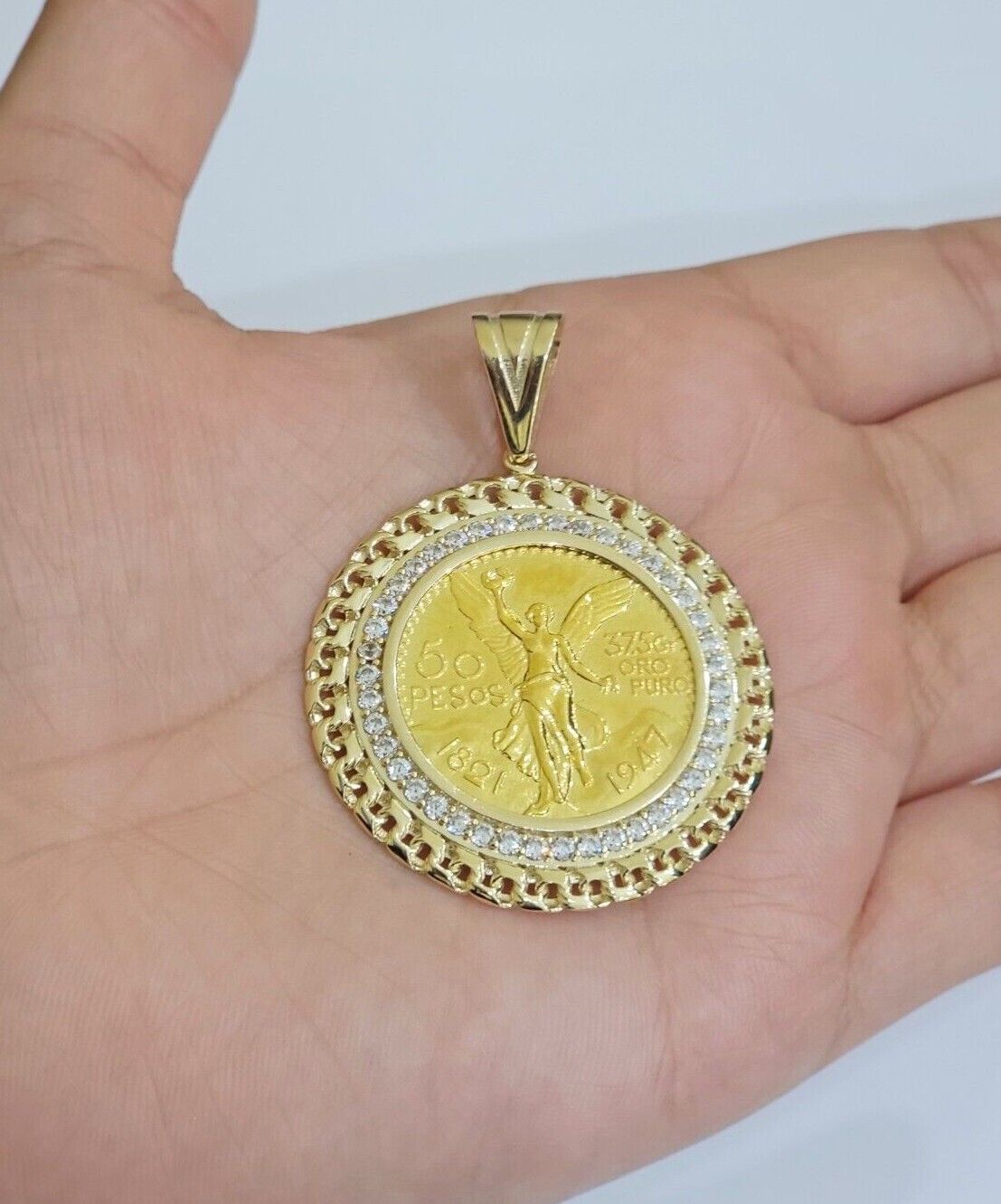 10k Gold Mexican Centenario Copy Coin Charm 50 Pesos Bezel 10kt Pendant Replica - GoldenlinQ