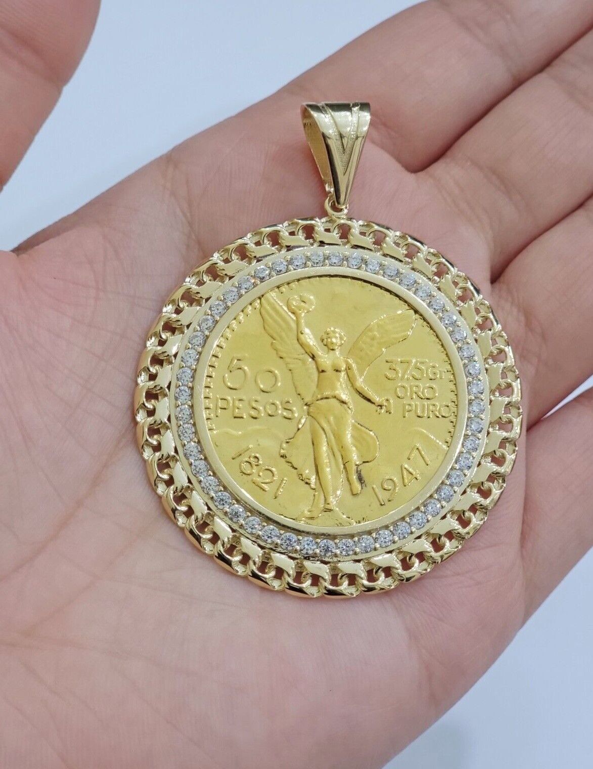10k Gold Mexican Centenario Copy Coin Charm 50 Pesos Bezel 10kt Pendant Replica - GoldenlinQ