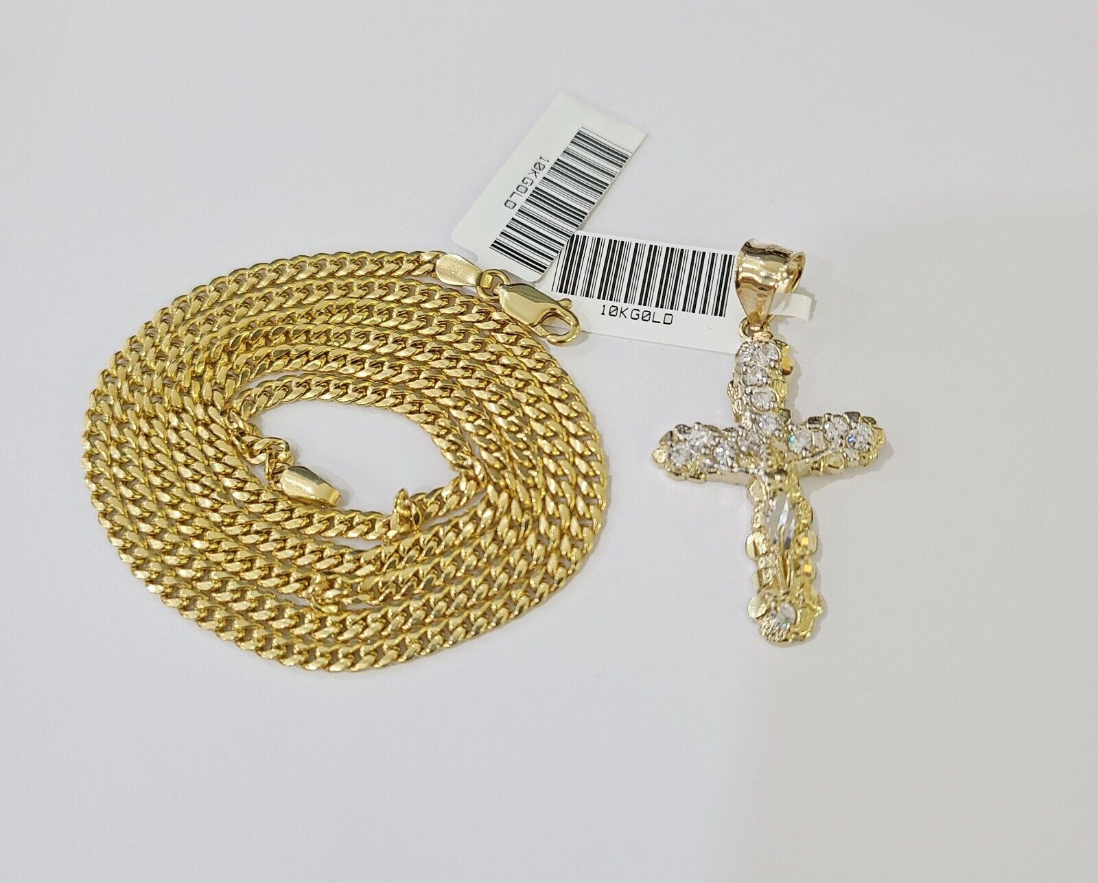 10K Gold Miami Cuban Chain 3mm Length 18" 20" 22" 24" 26" & Cross Charm SET - GoldenlinQ