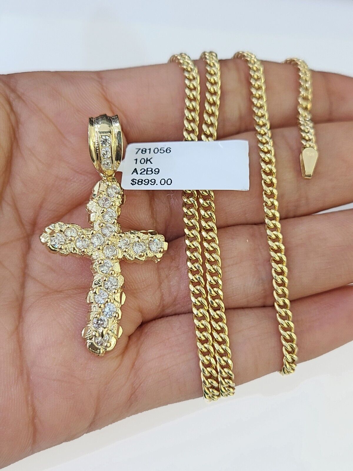 10k Gold Miami Cuban Chain & Cross Charm \ Pendent SET 3mm 20 Inches Necklace - GoldenlinQ