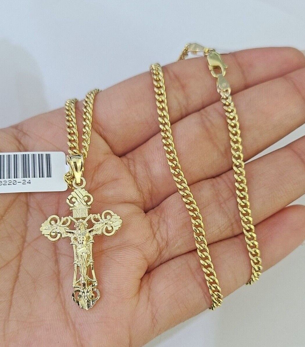 10K Gold Miami Cuban Chain INRI Cross Charm Length 18" - 26" 2.5mm REAL Yellow - GoldenlinQ