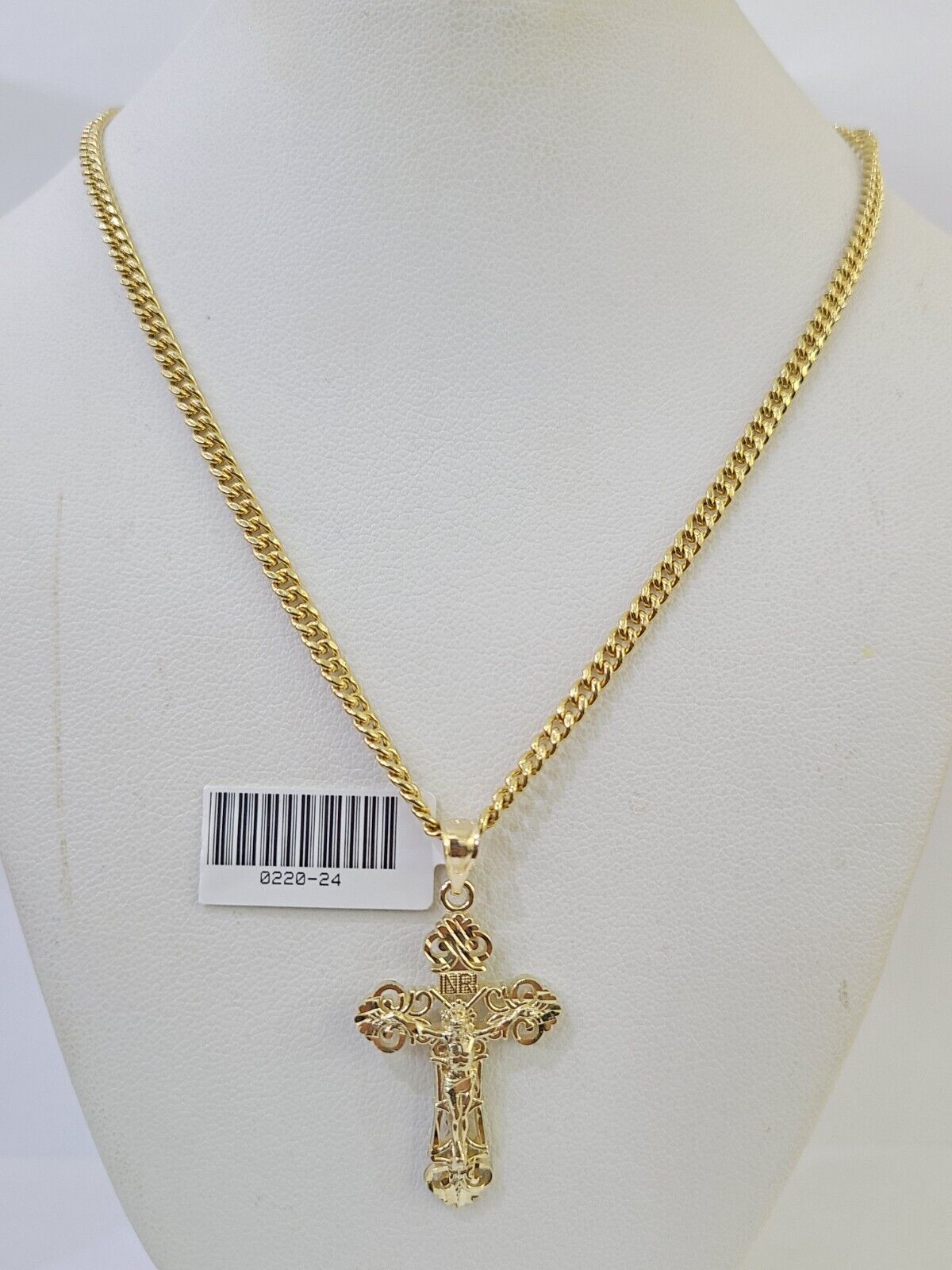 10K Gold Miami Cuban Chain INRI Cross Charm Length 18" - 26" 2.5mm REAL Yellow - GoldenlinQ