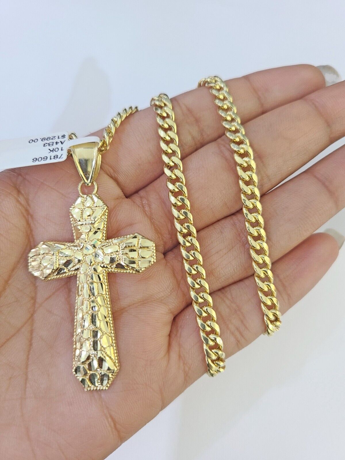 10K Gold Miami Cuban Chain Jesus Cross Charm Length 18" - 26" 4mm REAL Yellow - GoldenlinQ
