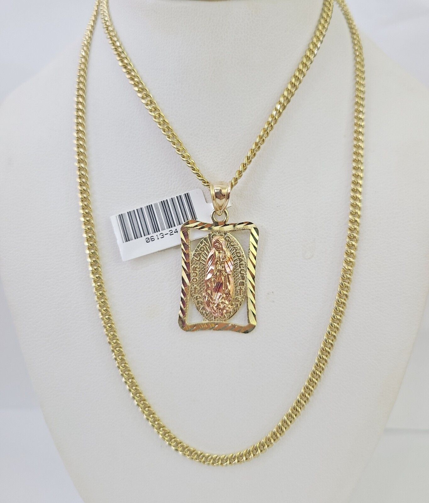 10K Gold Miami Cuban Chain Virgin Mary Charm 20" - 28" 3mm REAL Pendant - GoldenlinQ