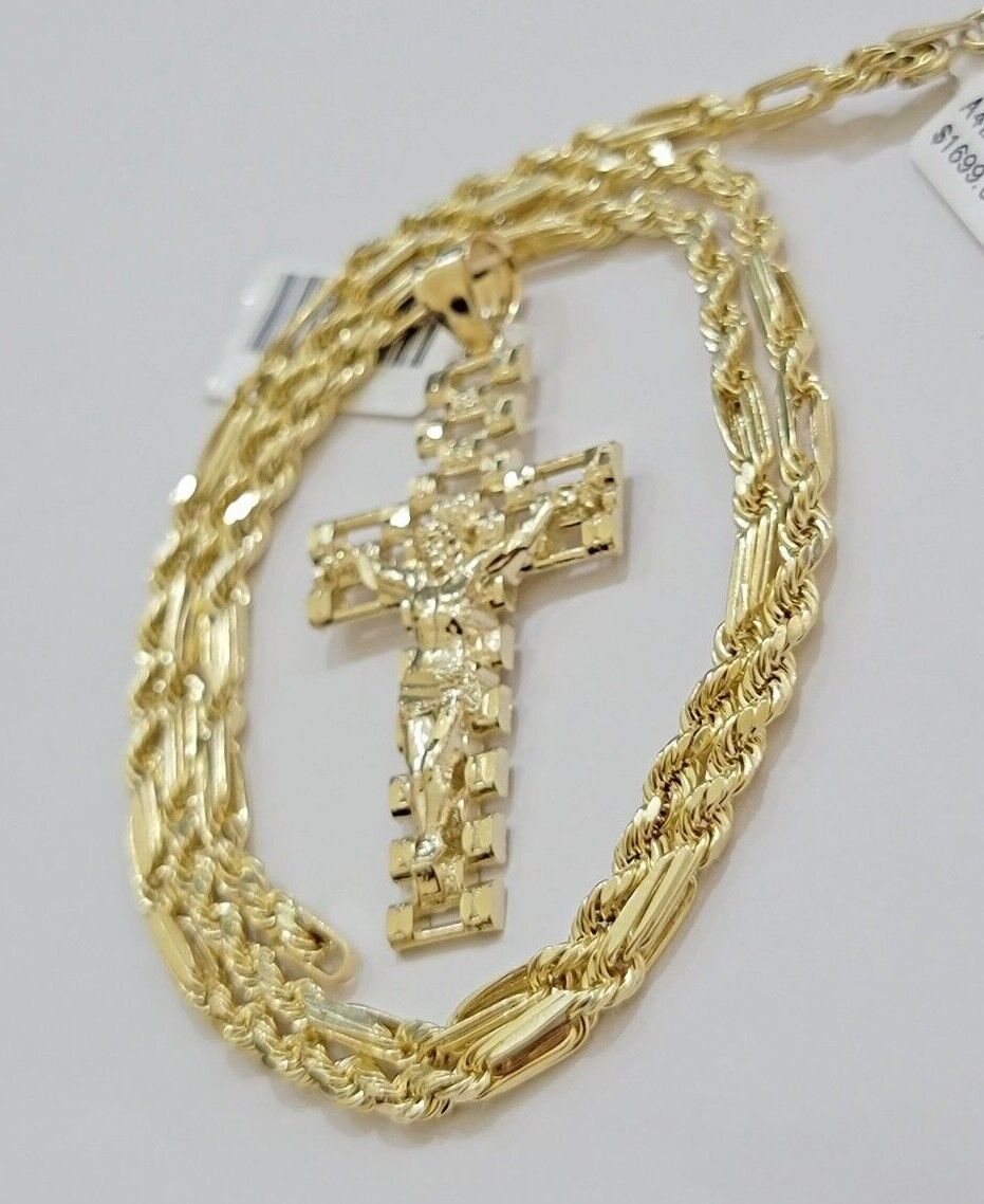 10k Gold Milano Rope Chain Jesus Cross Charm Pendant Set 18 - 24'' Inches Necklace - GoldenlinQ