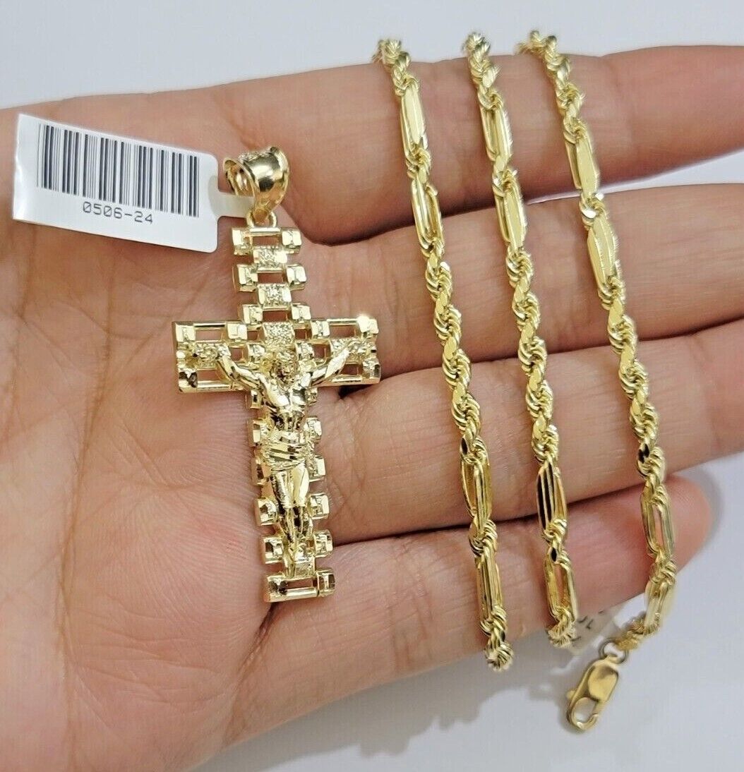 10k Gold Milano Rope Chain Jesus Cross Charm Pendant Set 18 - 24'' Inches Necklace - GoldenlinQ