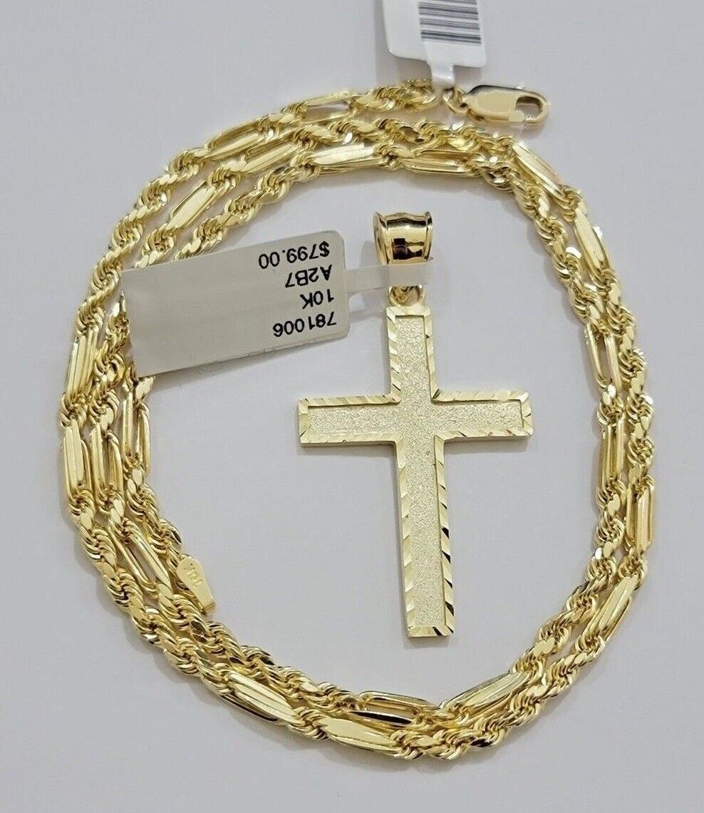 10k Gold Milano Rope Chain Plain Cross Charm Pendant Set 18 - 24'' Inches Necklace - GoldenlinQ