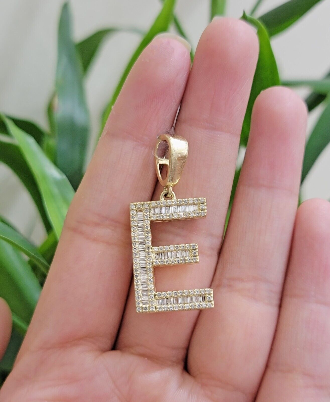 10k Gold Pendant Initial Charm Natural Diamond A - Z Alphabet Baguette & Round Dia - GoldenlinQ