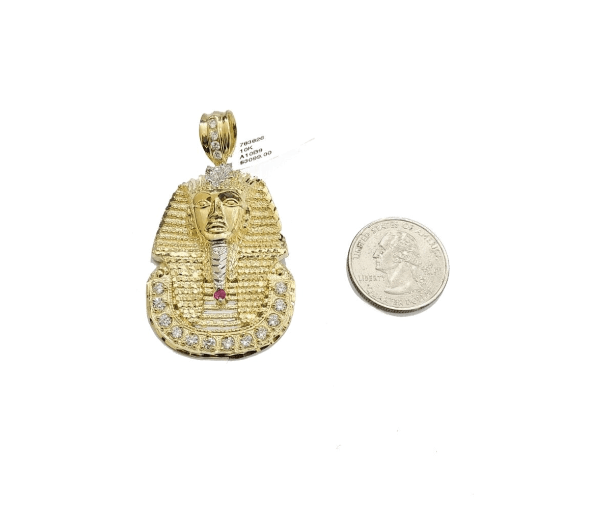 10k Gold Pharaoh Head Charm Rope Chain Necklace 8mm 22'' Set & Pendant 10kt REAL - GoldenlinQ