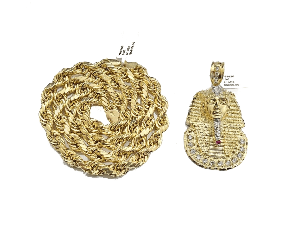 10k Gold Pharaoh Head Charm Rope Chain Necklace 8mm 24'' Set & Pendant 10kt REAL - GoldenlinQ