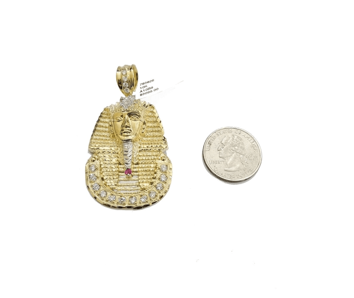 10k Gold Pharaoh Head Charm Rope Chain Necklace 8mm 26'' Set & Pendant 10kt REAL - GoldenlinQ