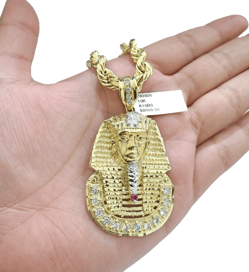 10k Gold Pharaoh Head Charm Rope Chain Necklace 8mm 28'' Set & Pendant 10kt REAL - GoldenlinQ